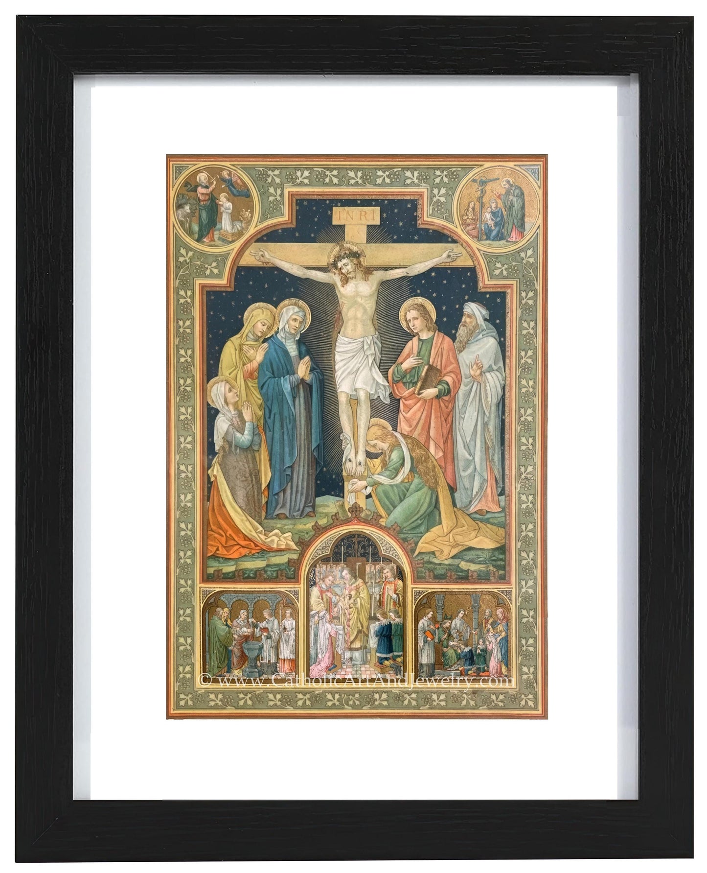 a painting of jesus on the cross surrounded by other people