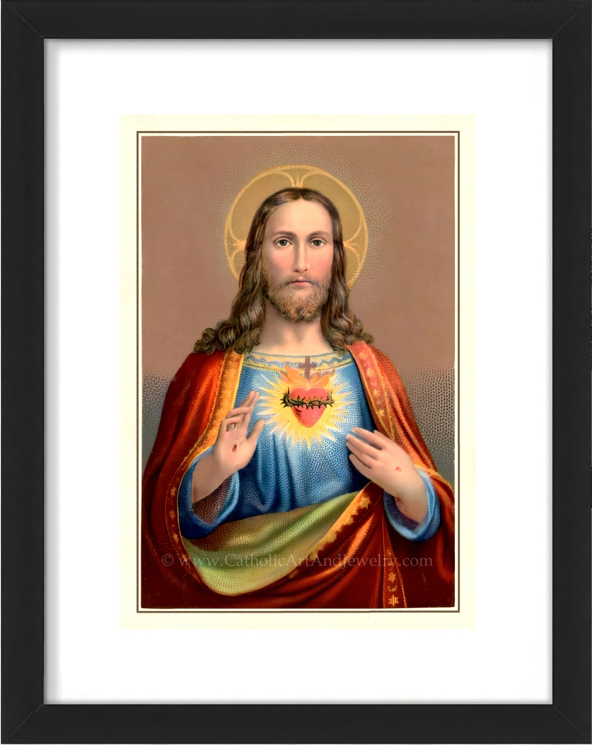 a painting of jesus holding his hands together