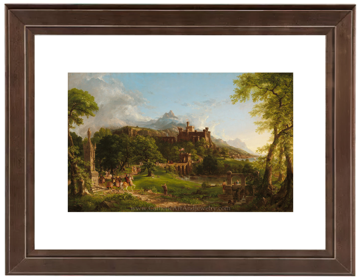 a painting of a castle in a wooded area