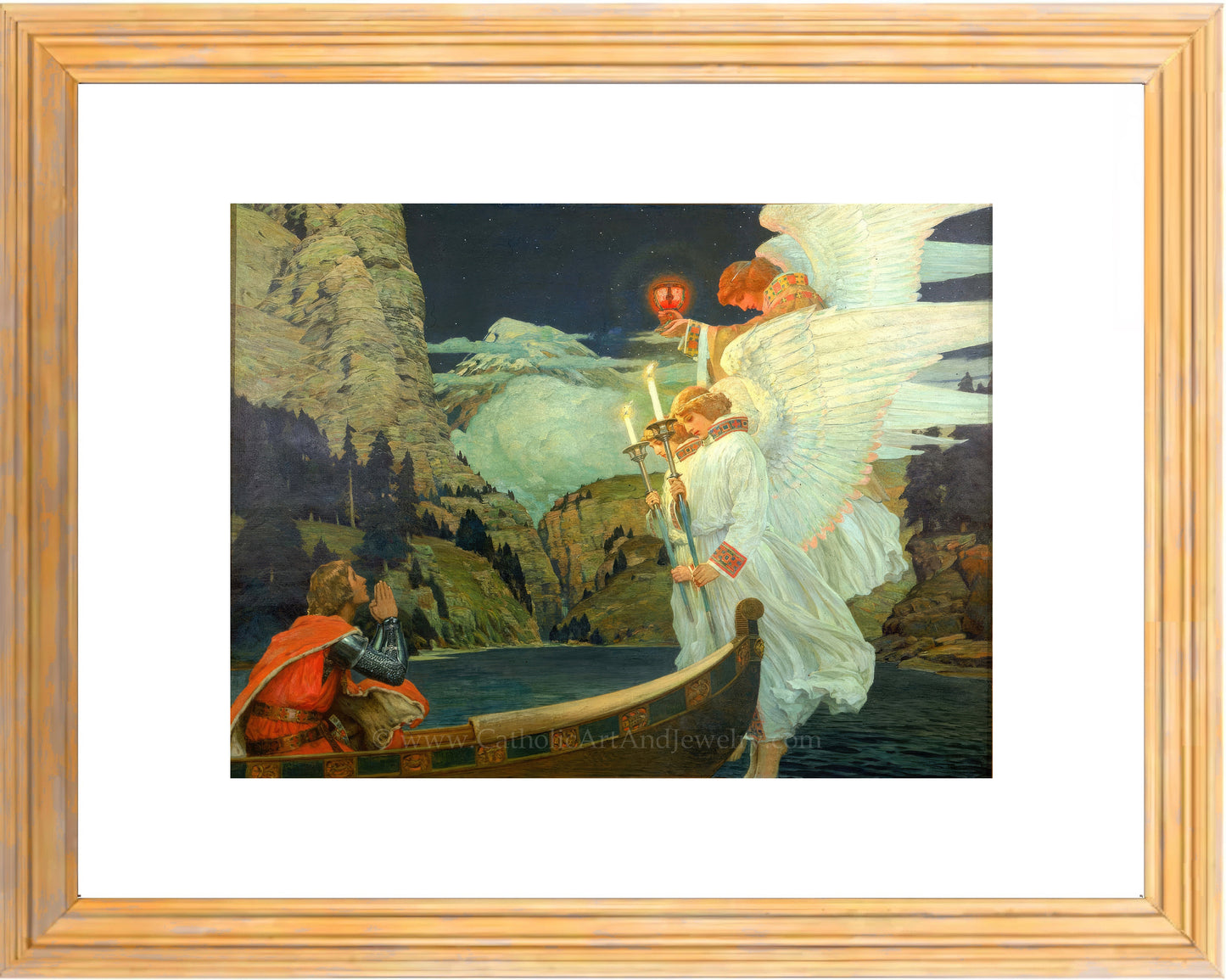 a painting of an angel standing next to a man on a boat