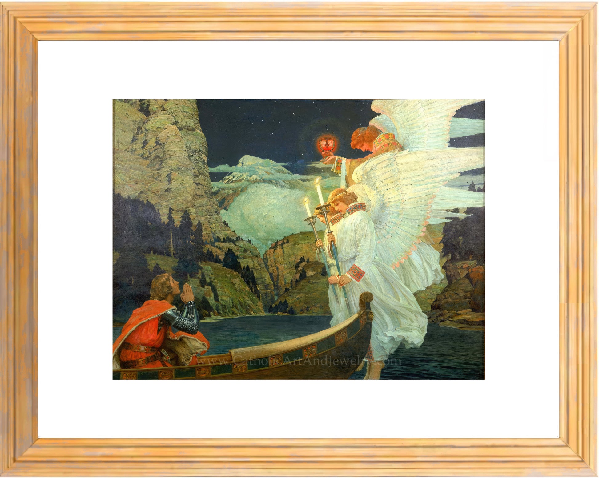a painting of an angel standing next to a man on a boat