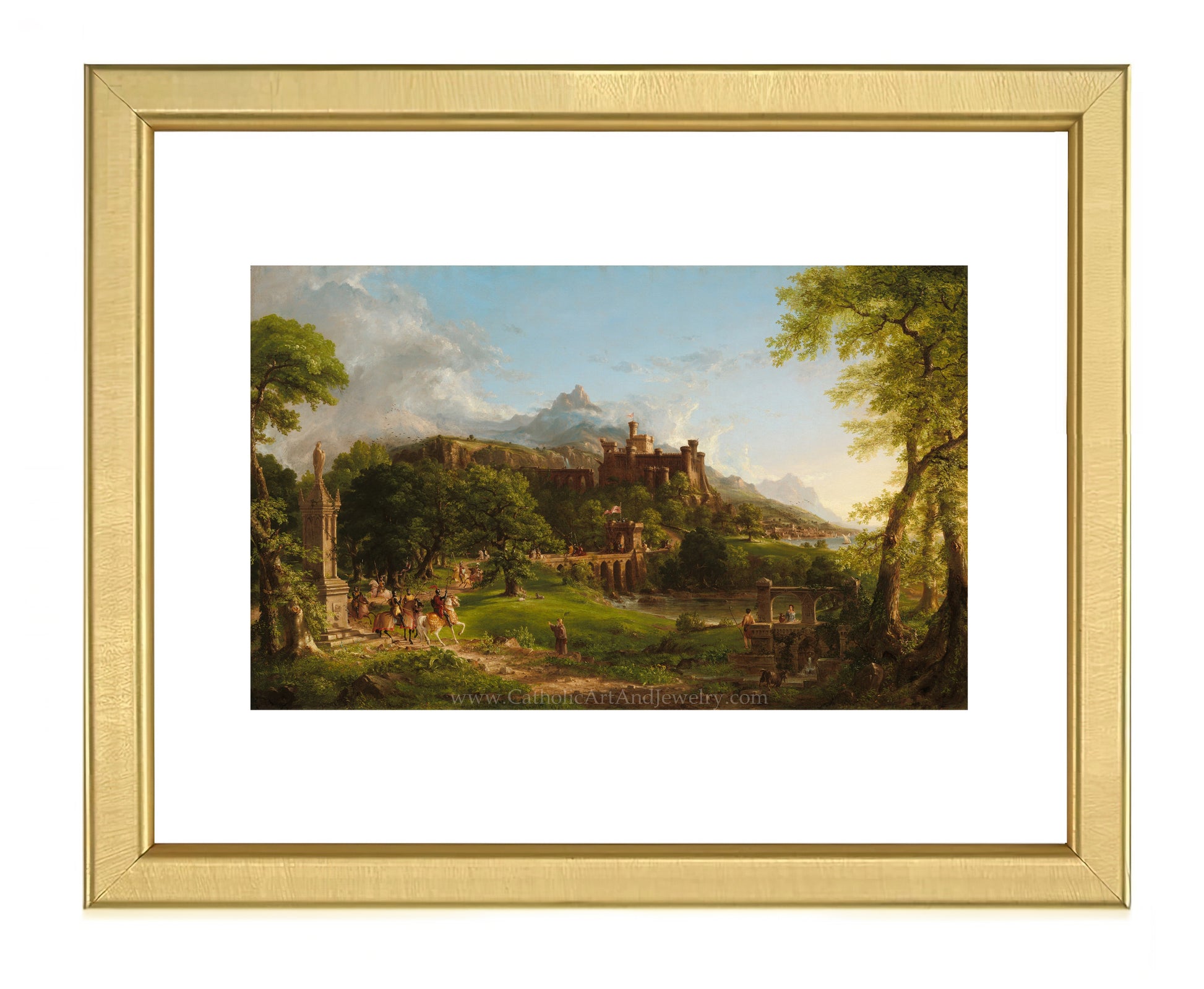a painting of a castle in a wooded area