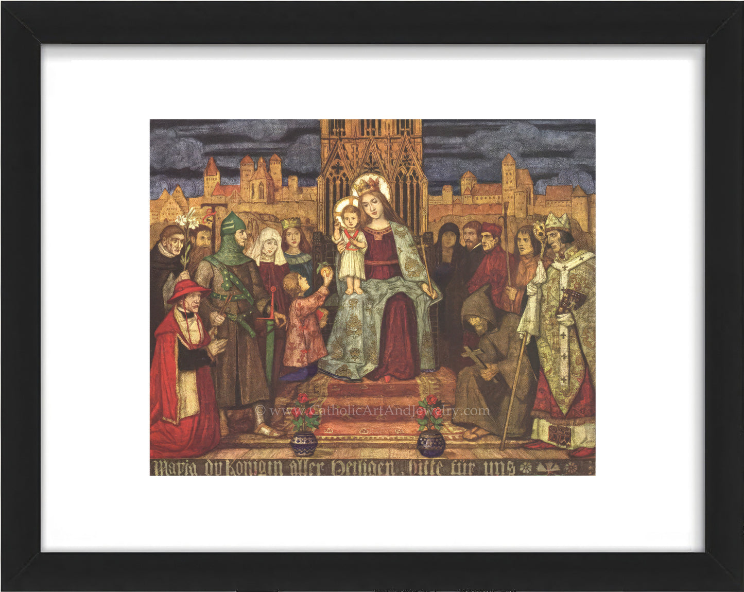 a painting of a group of people standing in front of a castle