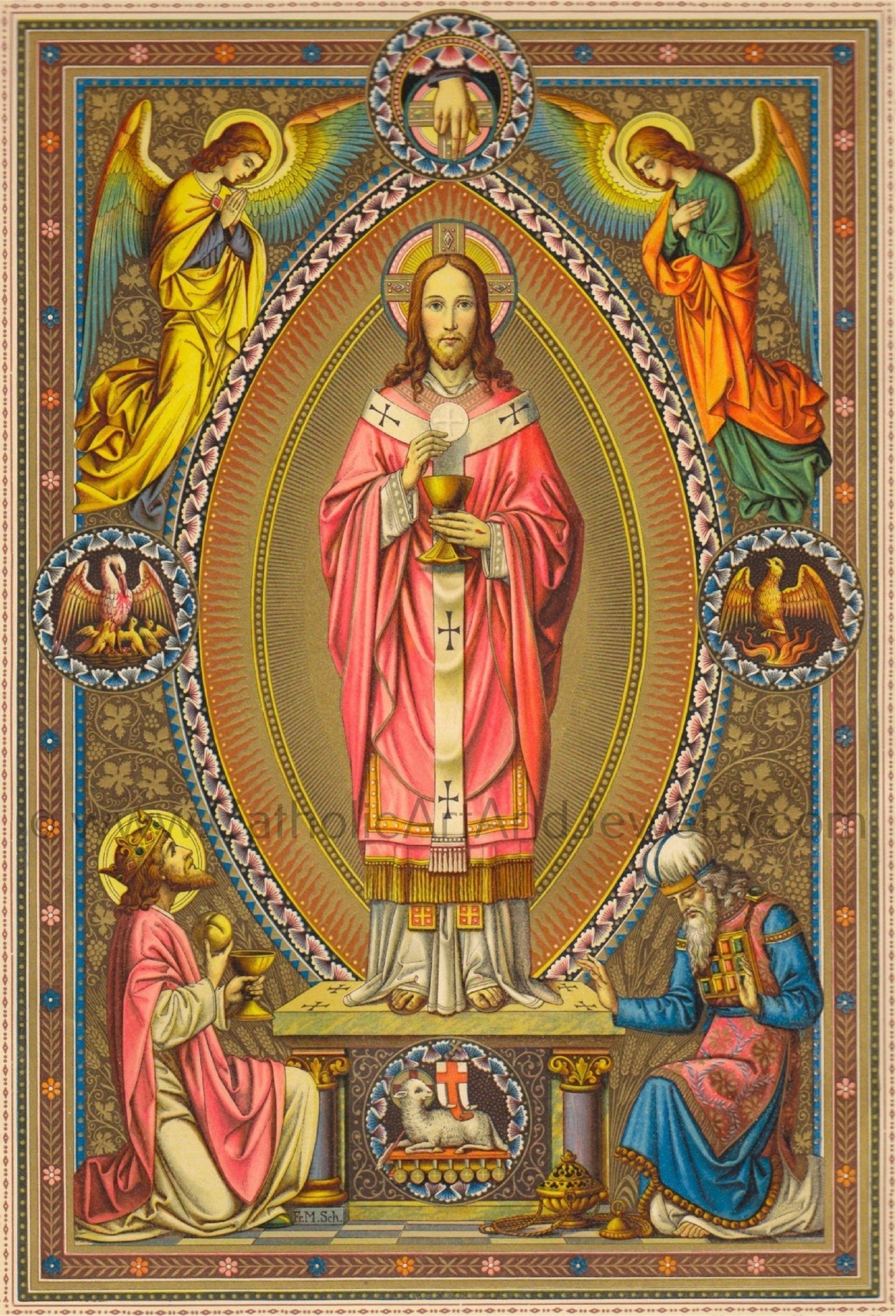 The image is a religious painting featuring a central figure, likely Jesus Christ, surrounded by angels and other religious figures. The painting is ornate and detailed, with intricate patterns and designs surrounding the central figure.