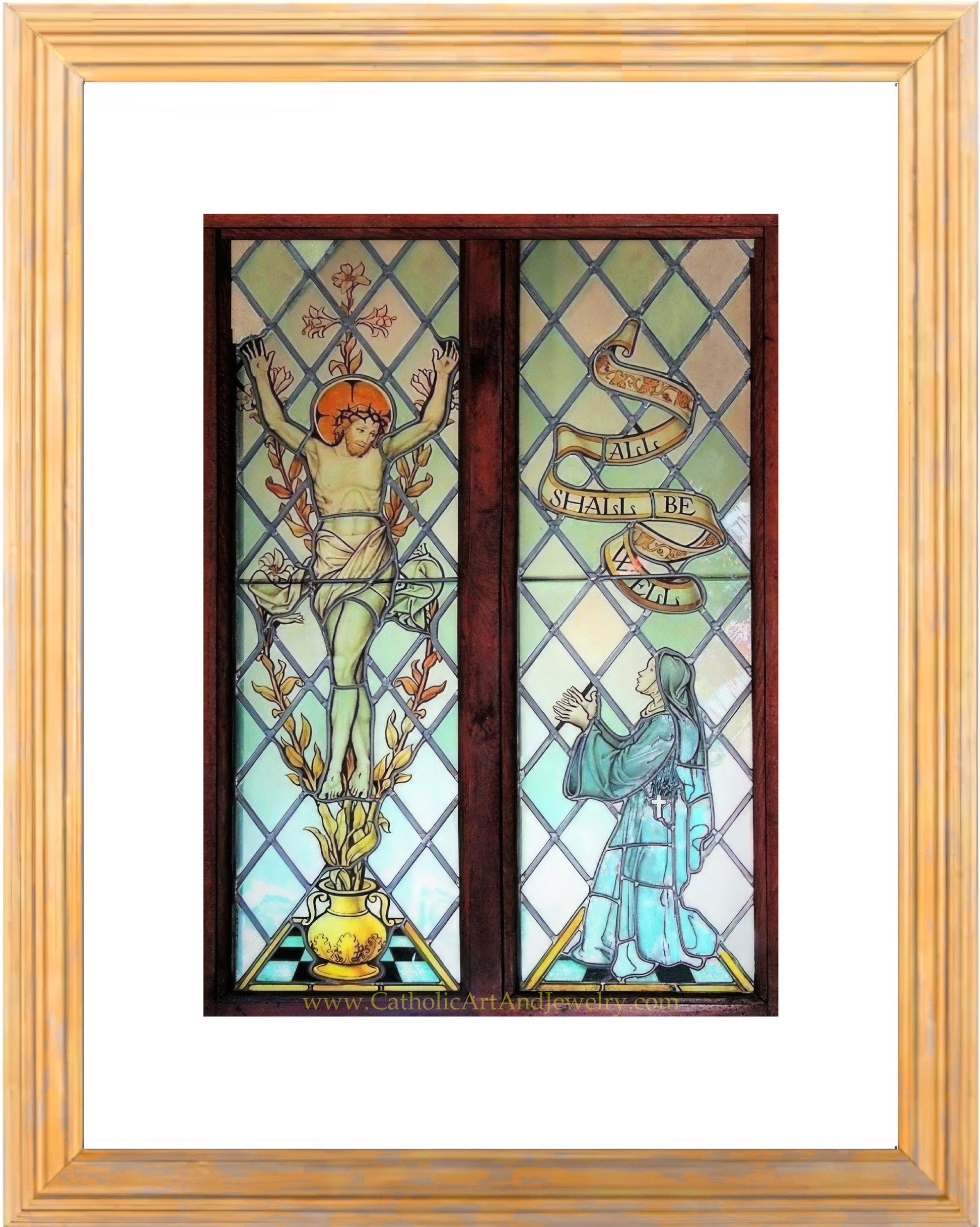 a stained glass window with a woman standing next to a man