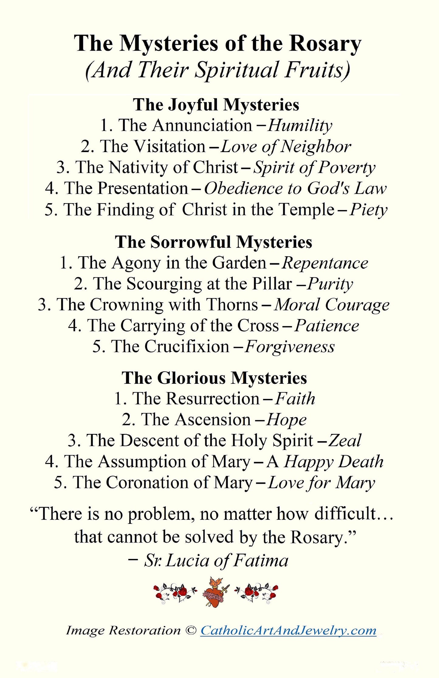 15 Mysteries of the Rosary – pack of 10/100/1000 – Madonna and Child Holy Card - Catholic Art and Jewelry