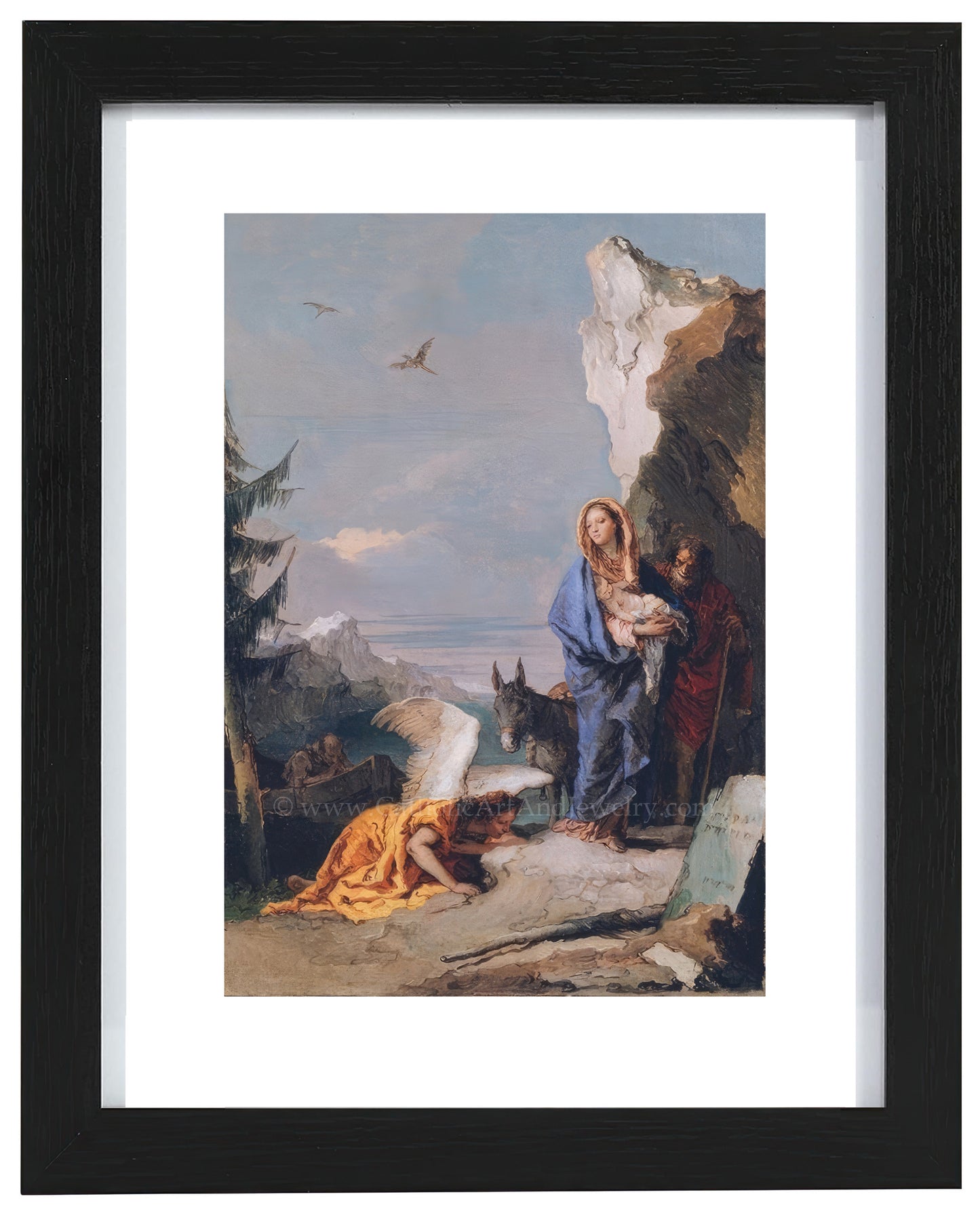 a painting of a man holding a baby next to a dog