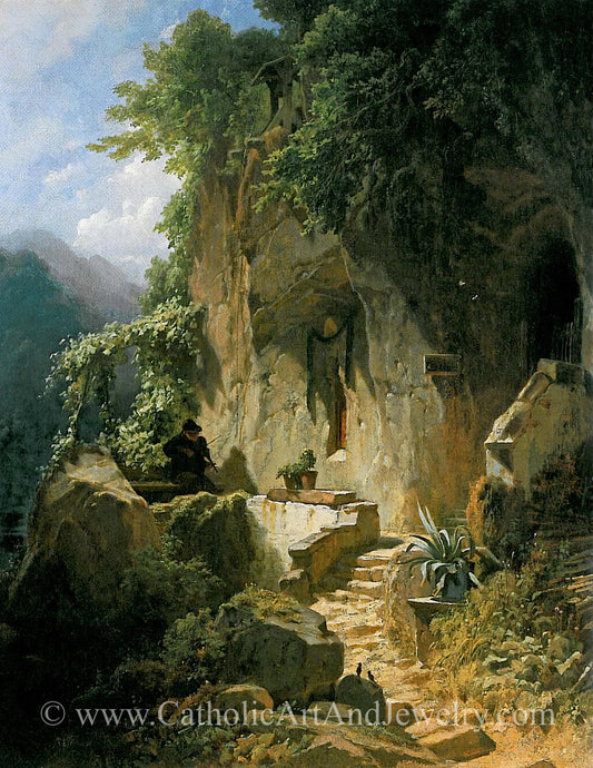 New! "Hermit Making Music in Front of His Rock Hermitage" – Carl Spitzweg – Catholic Gift – Peaceful Catholic Wall Art – Archival Qualioty