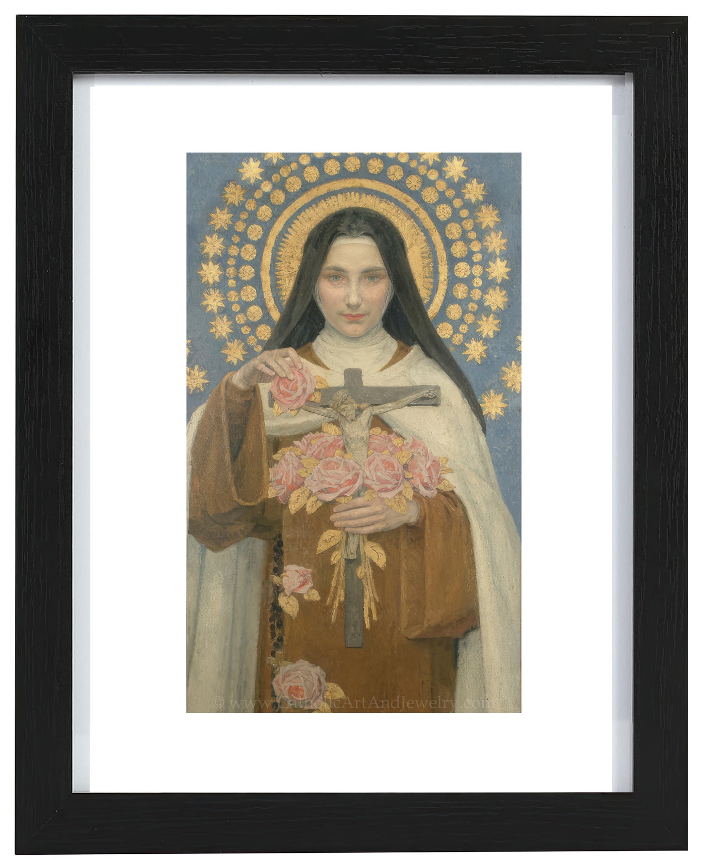a painting of a woman holding a cross
