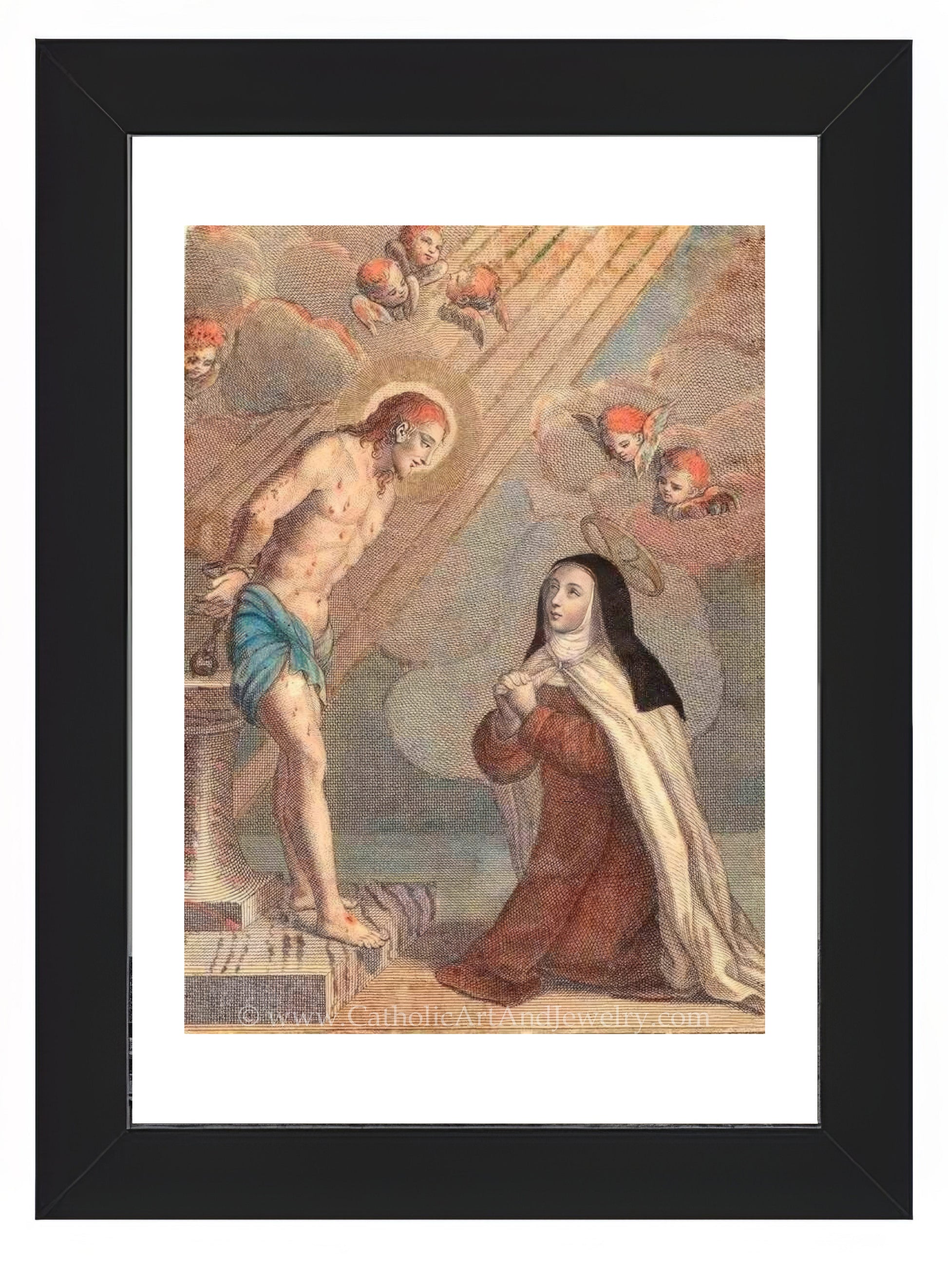 a painting of jesus and mary with angels above