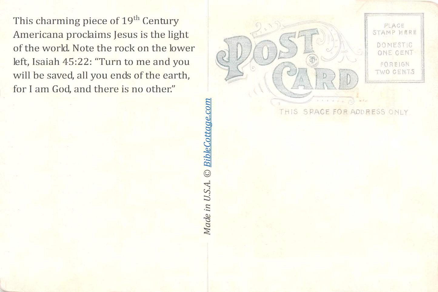 New! Jesus Postcards – Jesus is the Light of the World – John 8:12, Isaiah 45.22 – based on a Vintage Postcard – Inspiring and Encouraging