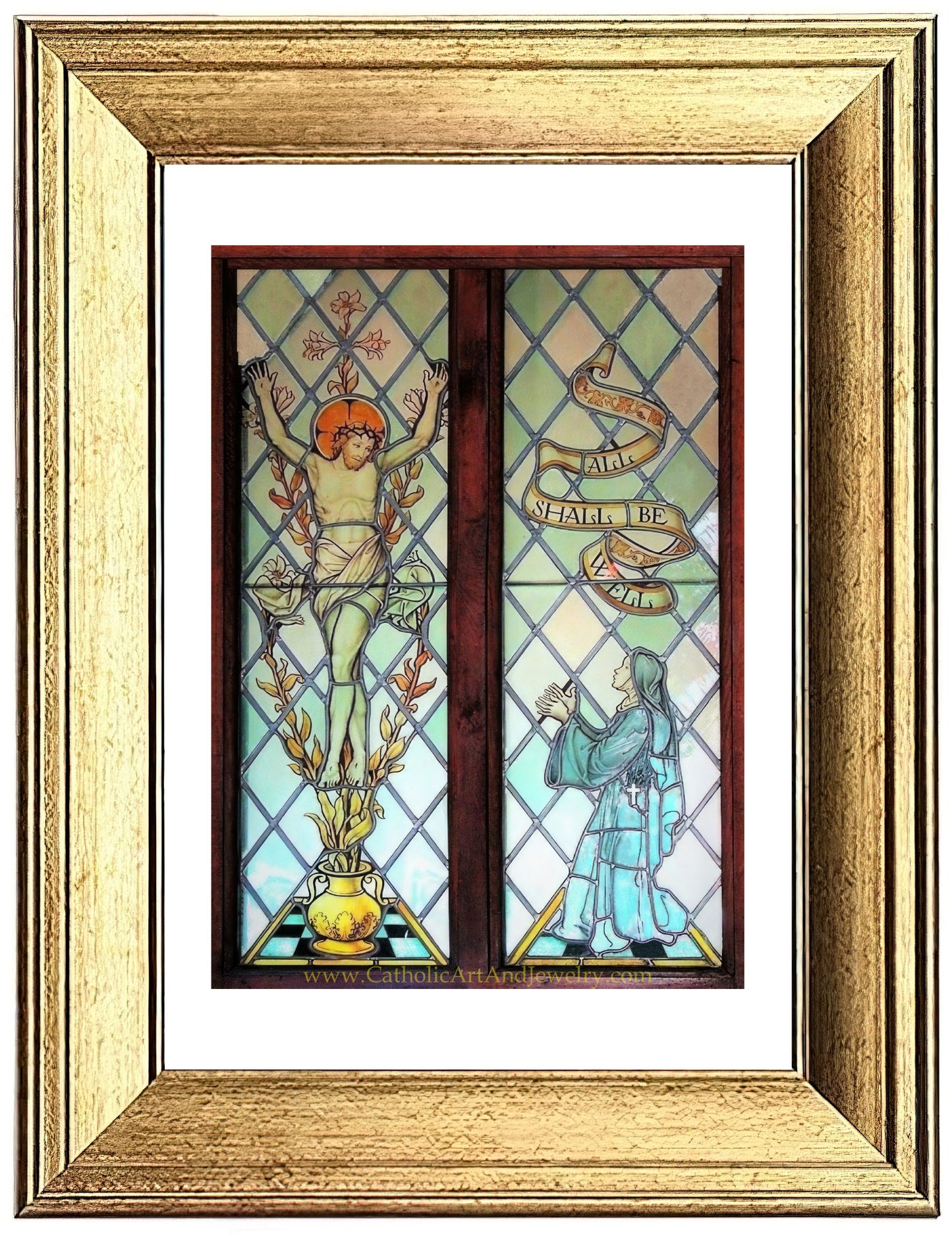 a picture of two stained glass windows in a gold frame