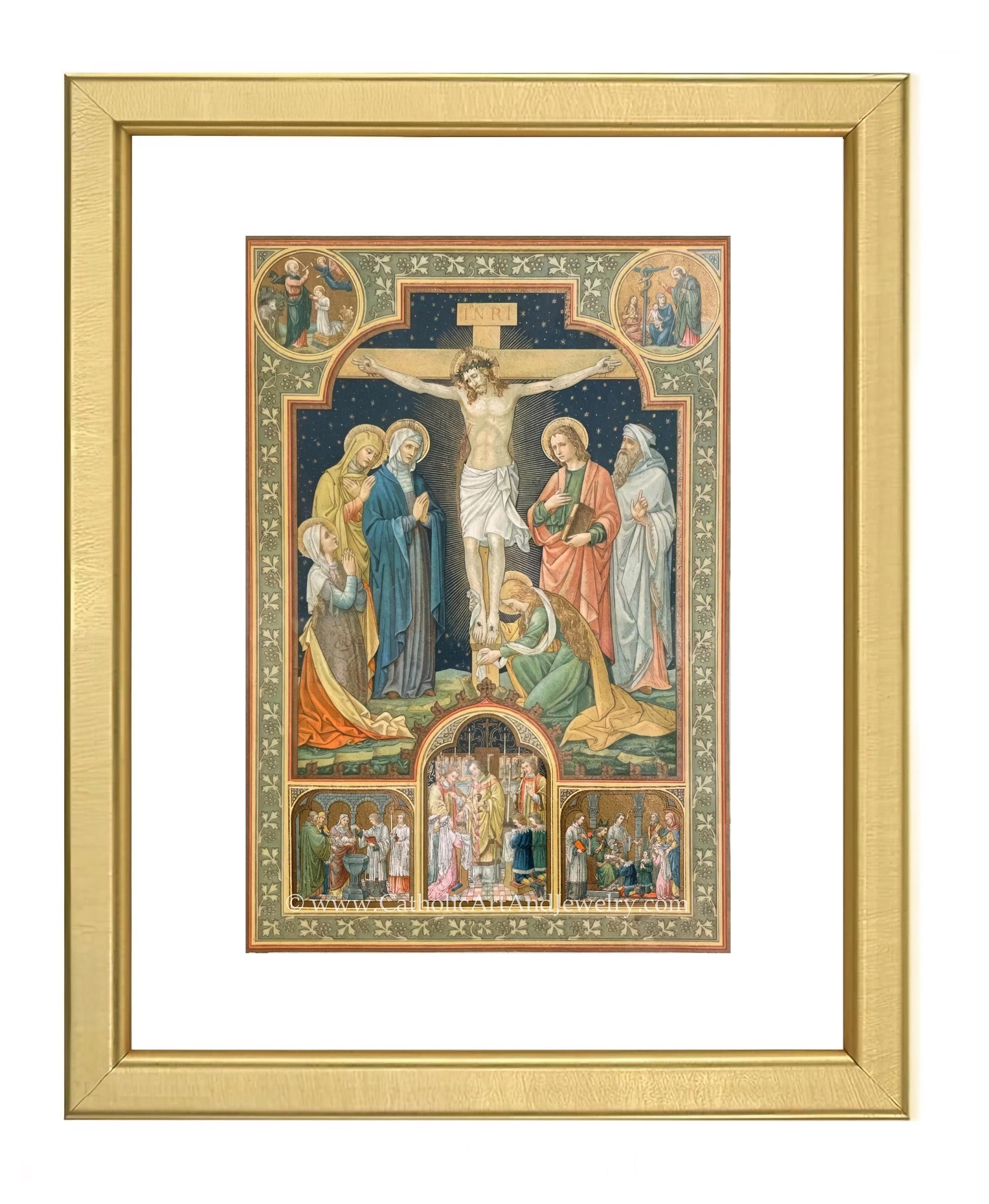 a painting of jesus on the cross with other people