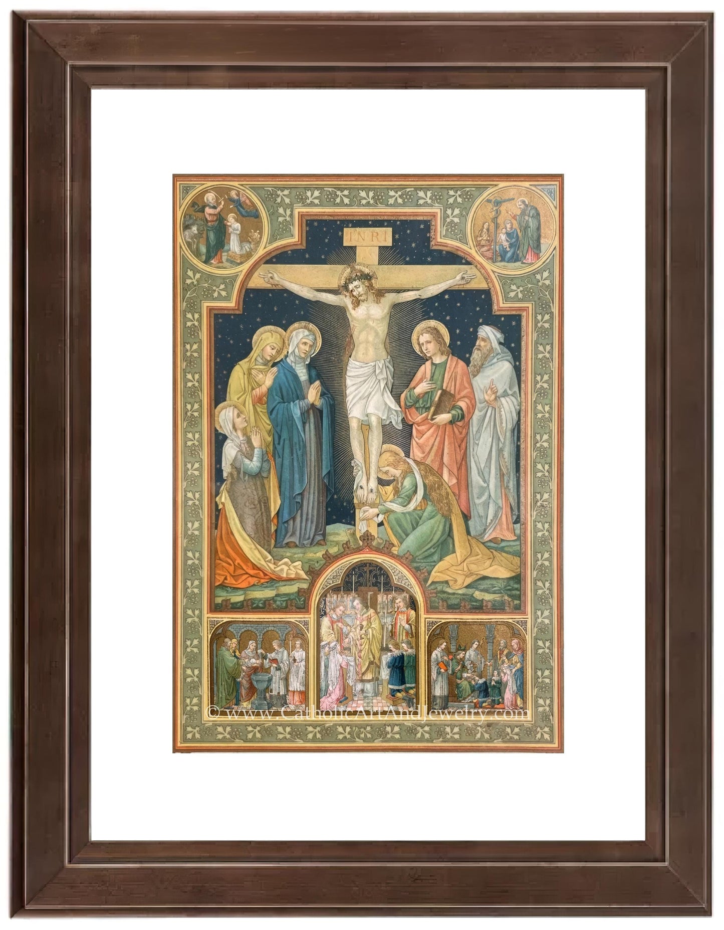 a painting of jesus on the cross with other people