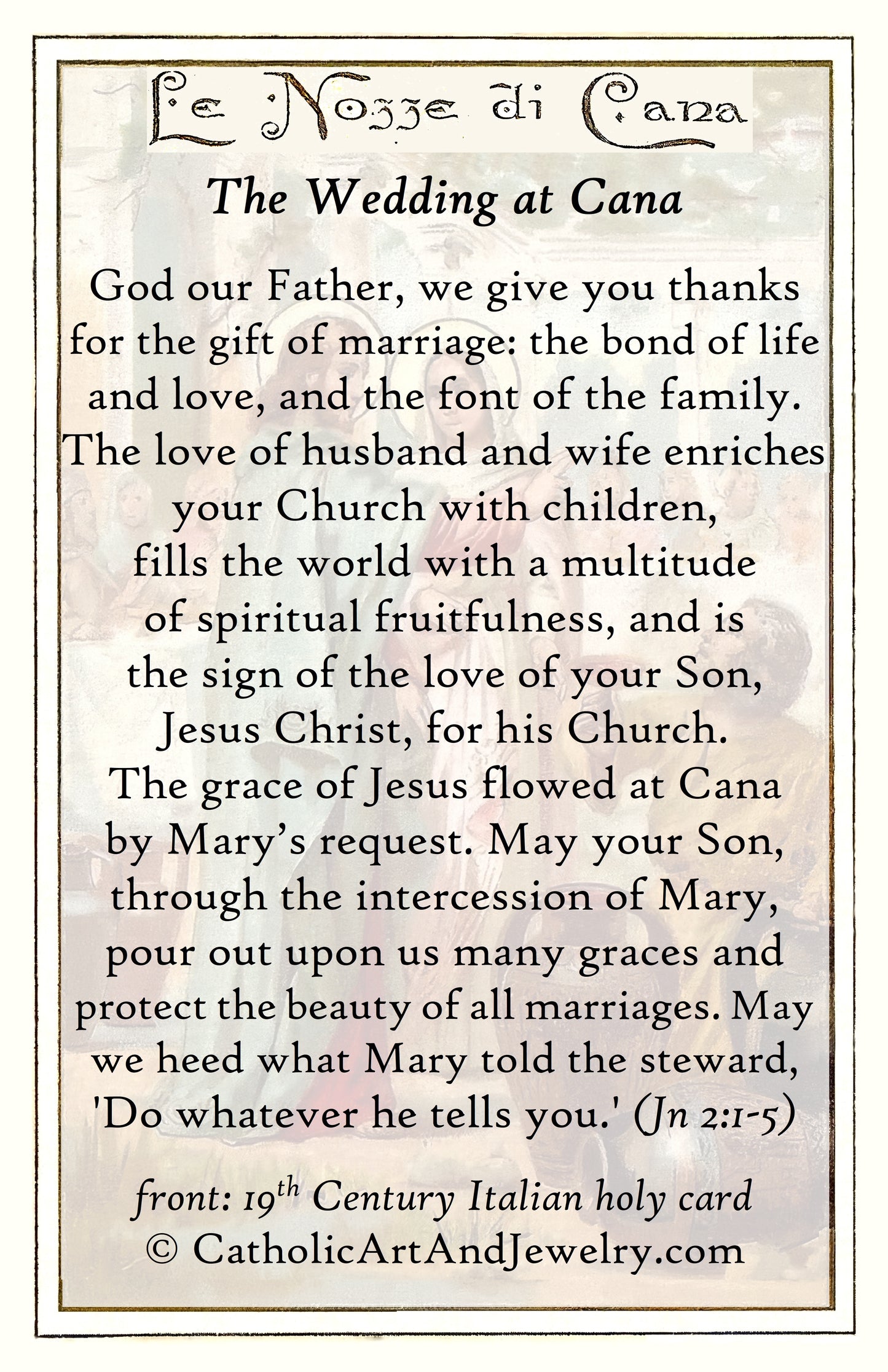 The image is a religious text from the 16th Century Italian holy card from the CatholicArtAndJewelry.com, featuring a prayer for the wedding of a father and son.