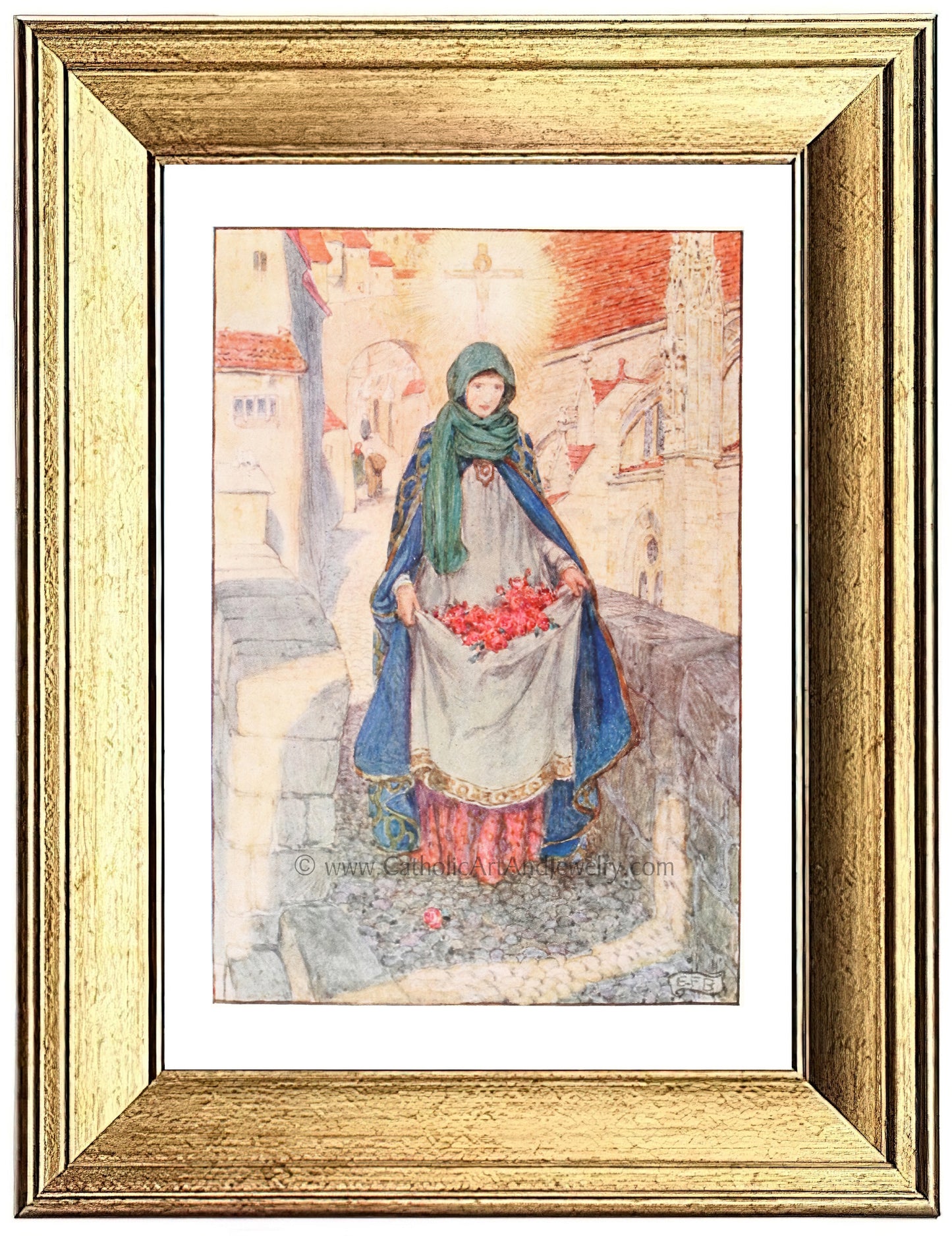 a painting of a woman holding a basket of flowers