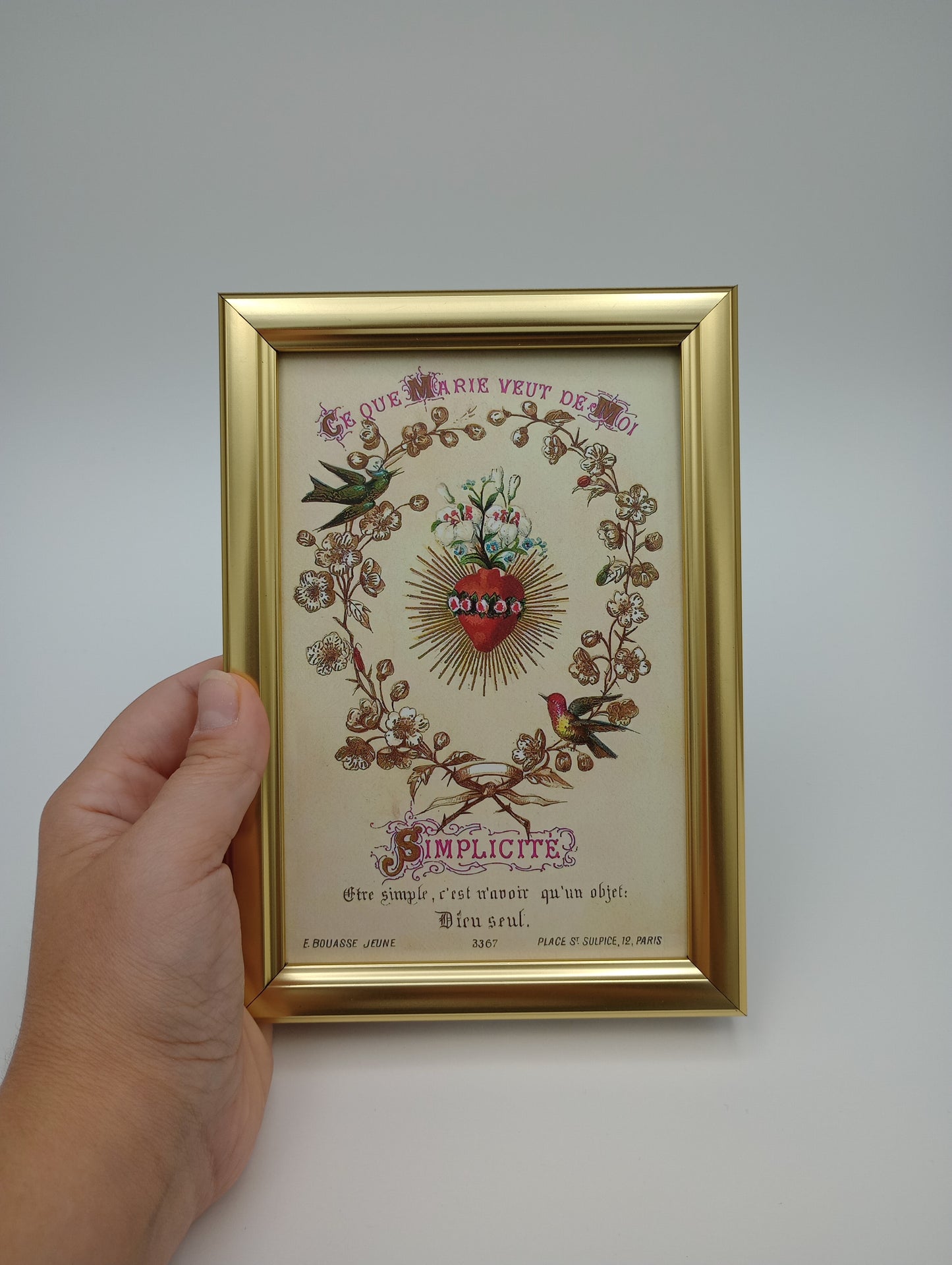 a hand holding a framed picture of a bird