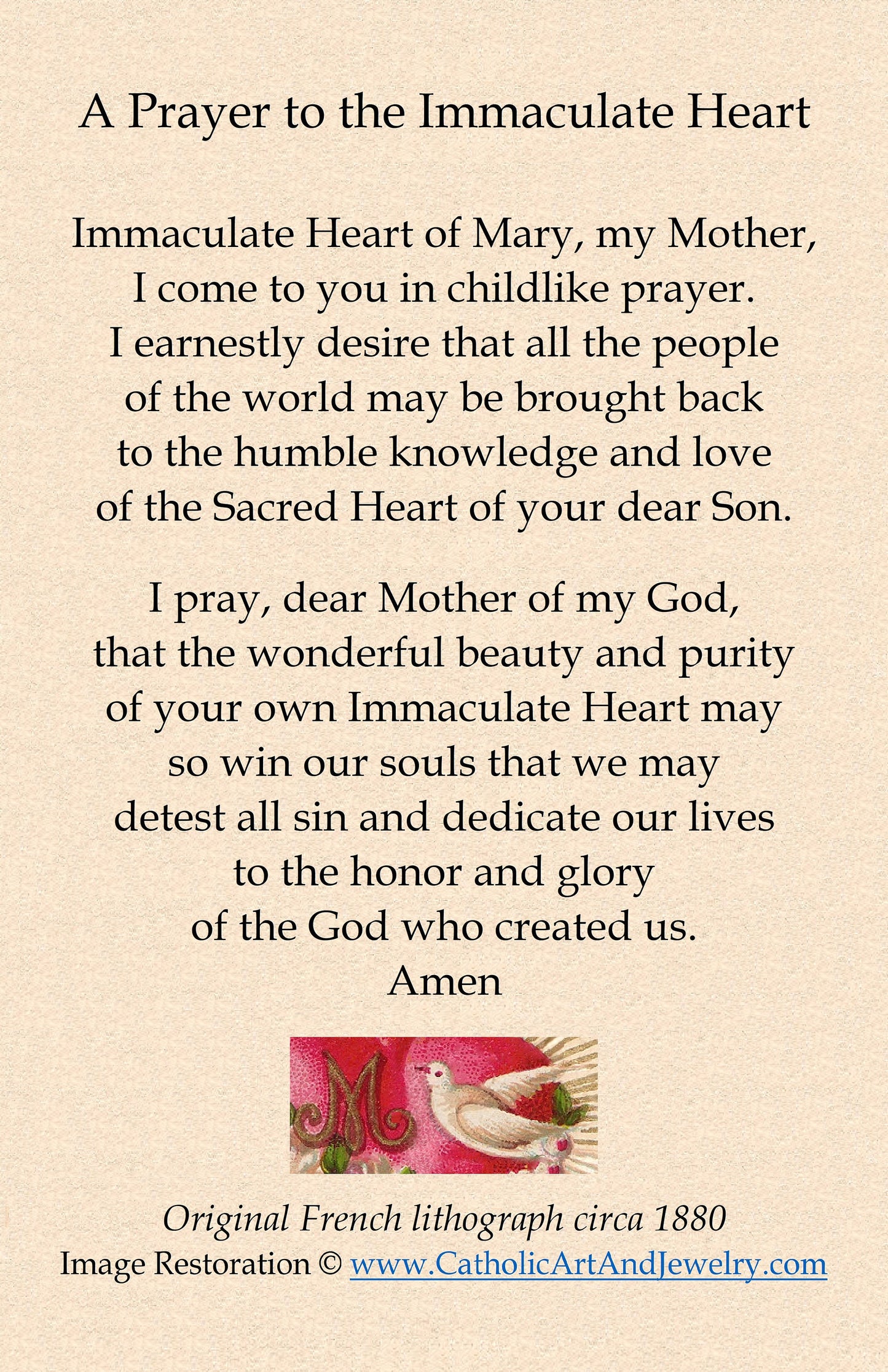 Holy Card – Immaculate Heart of Mary with Dove – pack of 10/100/1000 – Restored Vintage Holy Card