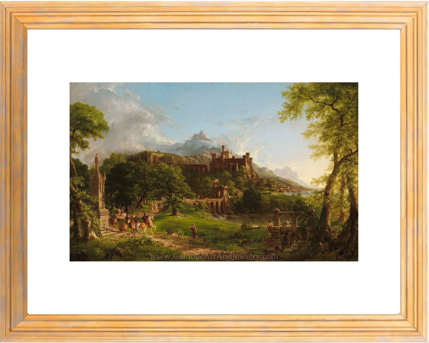 a painting of a castle in a wooded area