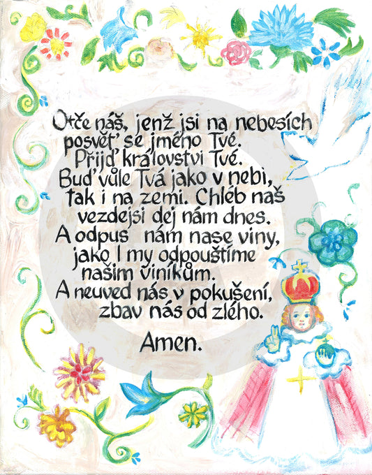 Otce Náš – Our Father Prayer in Czech – Print of Hand Calligraphy with Hand-Painted Illustrations – 8.5x11" – Catholic Inspiration – Authentic Quote