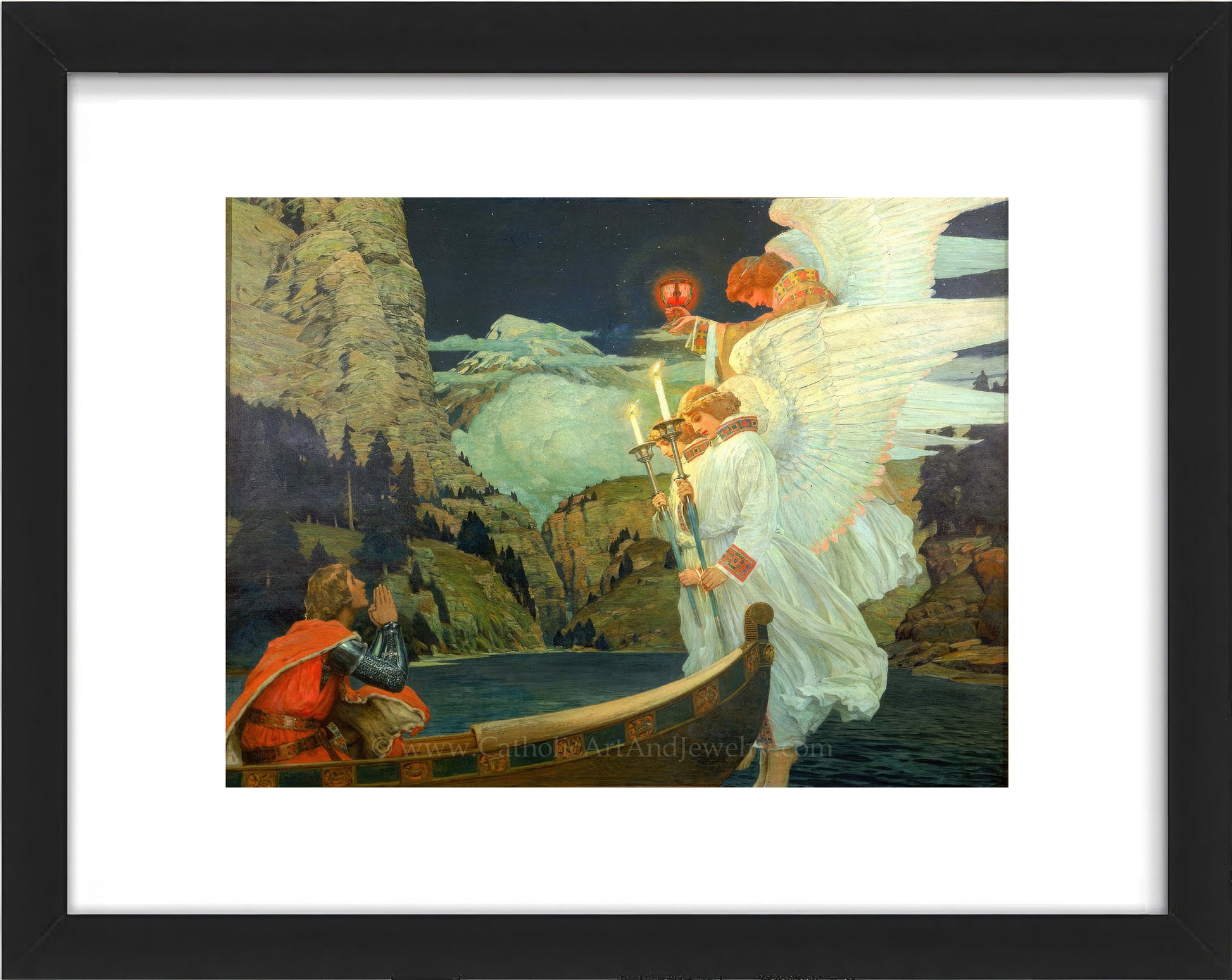 a painting of an angel standing next to a man on a boat