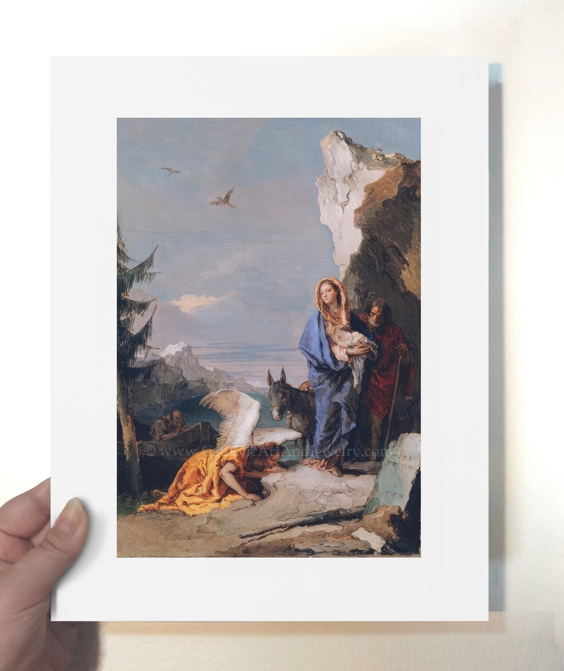 a painting of a person holding a picture of jesus