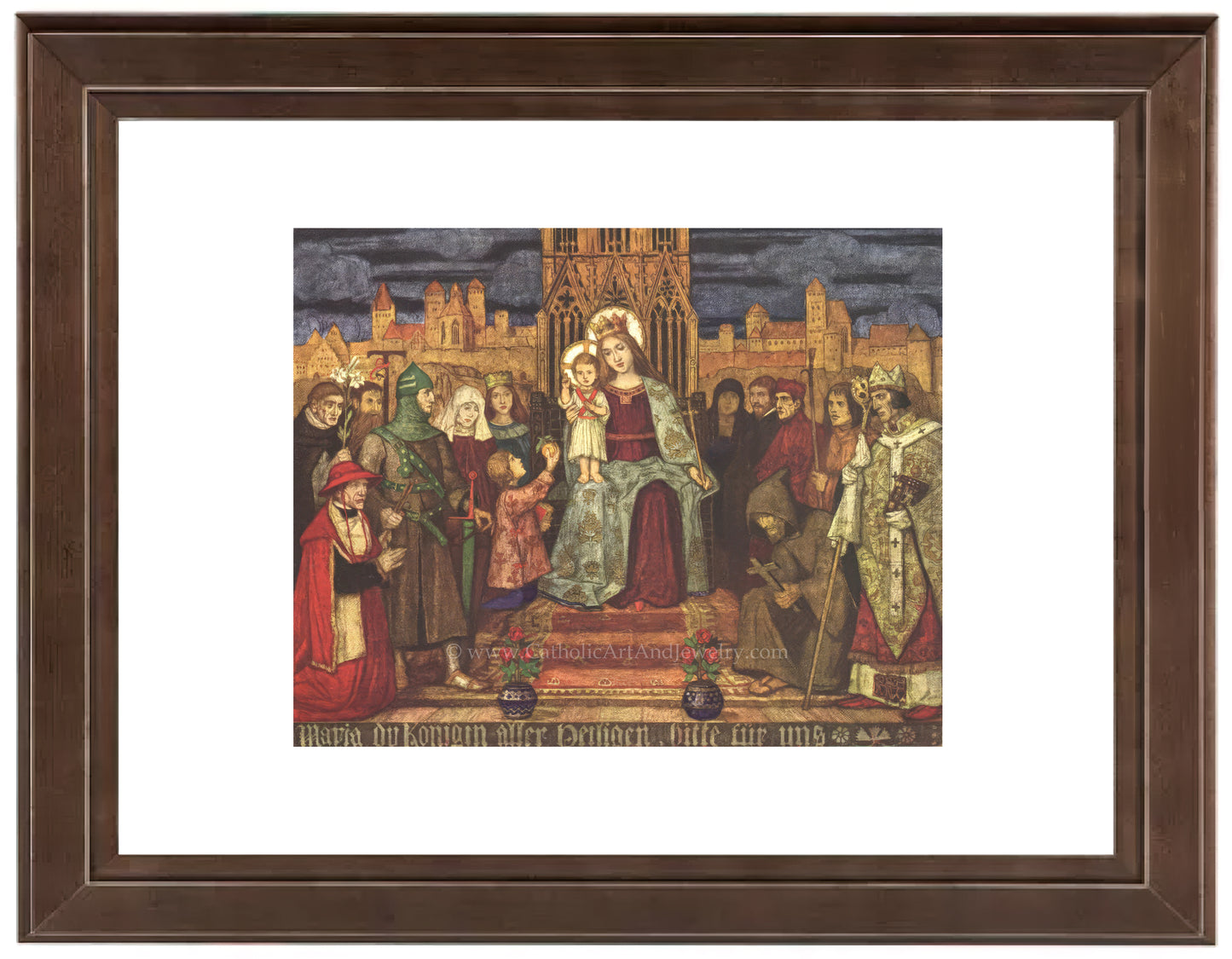 a painting of a group of people standing in front of a building