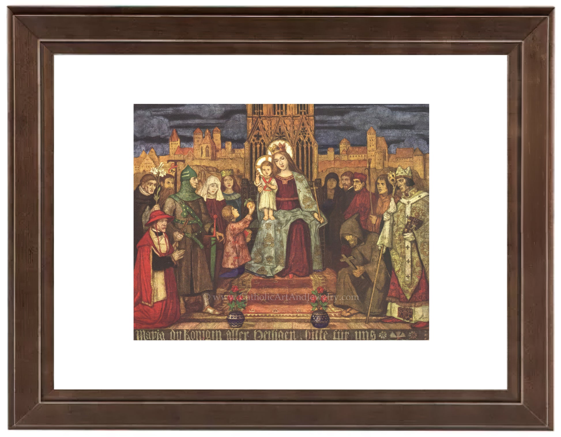 a painting of a group of people standing in front of a building