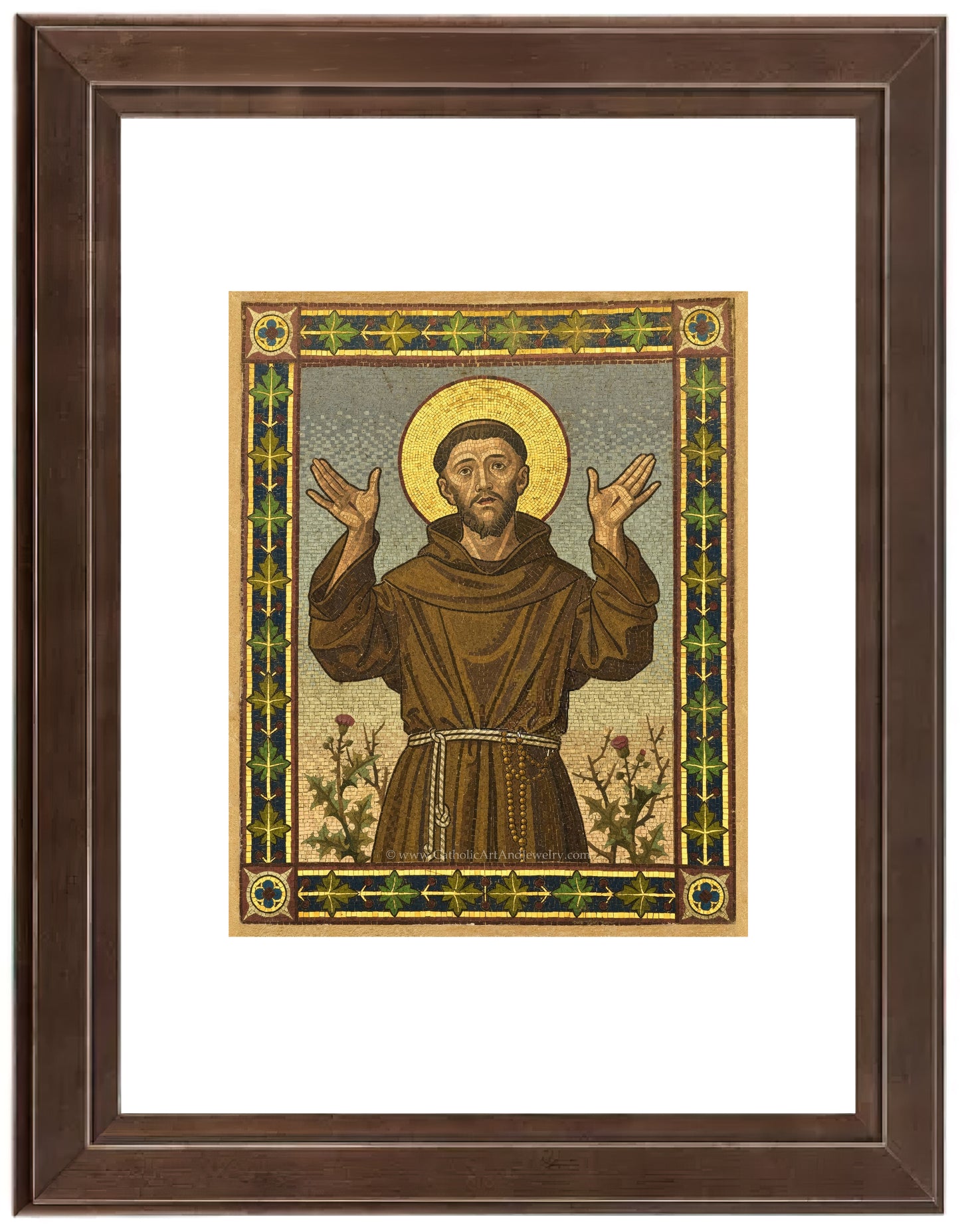 a painting of jesus holding his hands up