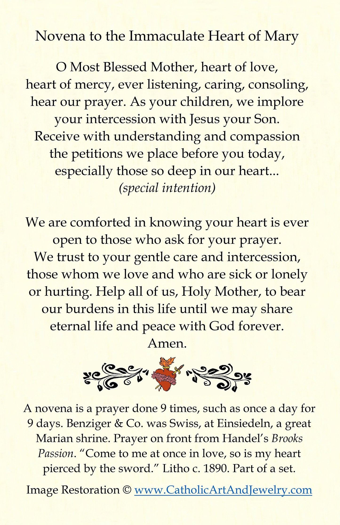 New! Immaculate Heart of Mary – Novena on Back – pack of 10/100/1000 – Restored Vintage Holy Card