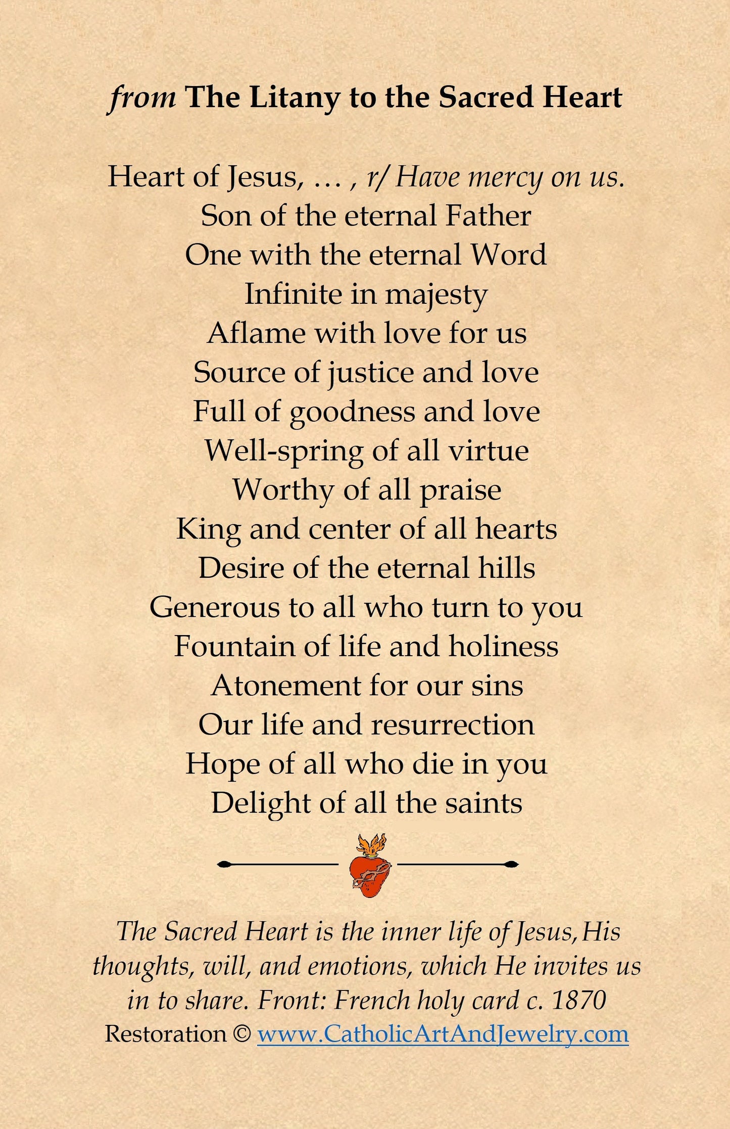 New! Litany of the Sacred Heart – Restored Vintage Sacred Heart Holy Card – pack of 10/100/1000