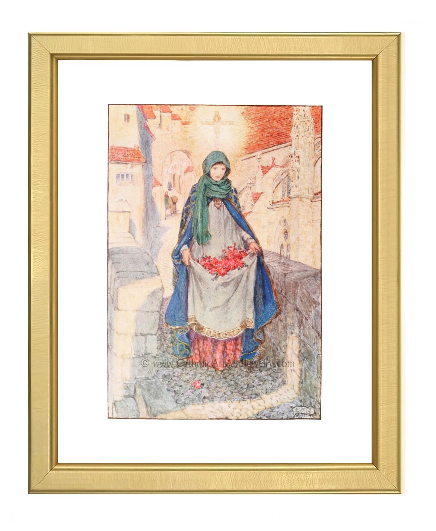 a painting of a woman in a blue and white dress