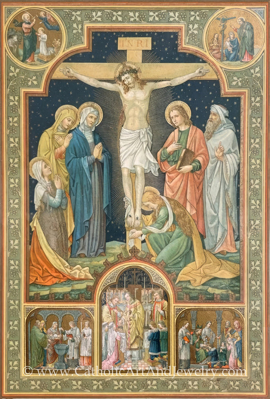 New! Crucifixion with 3 Sacraments – Early 20th Century Catholic Art – Catholic Gift – Archival Quality
