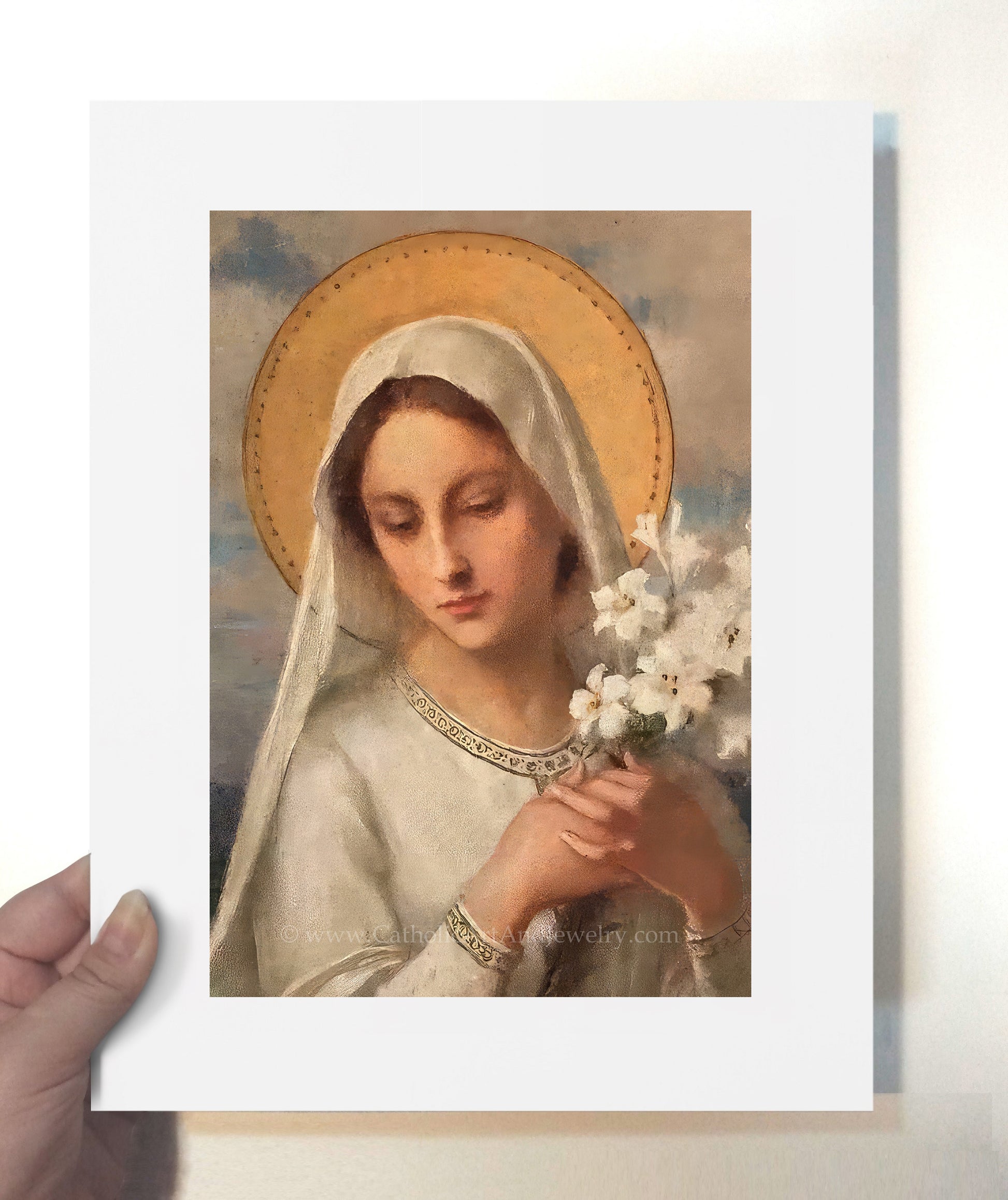 a painting of a woman holding flowers in her hand