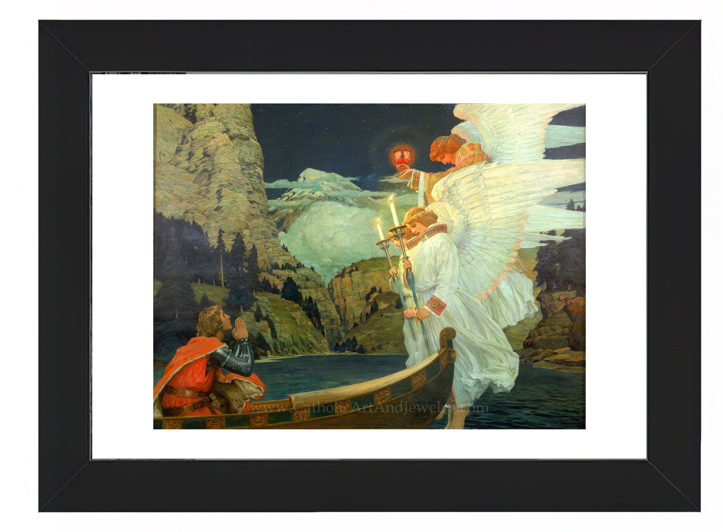 a painting of an angel standing next to a man on a boat