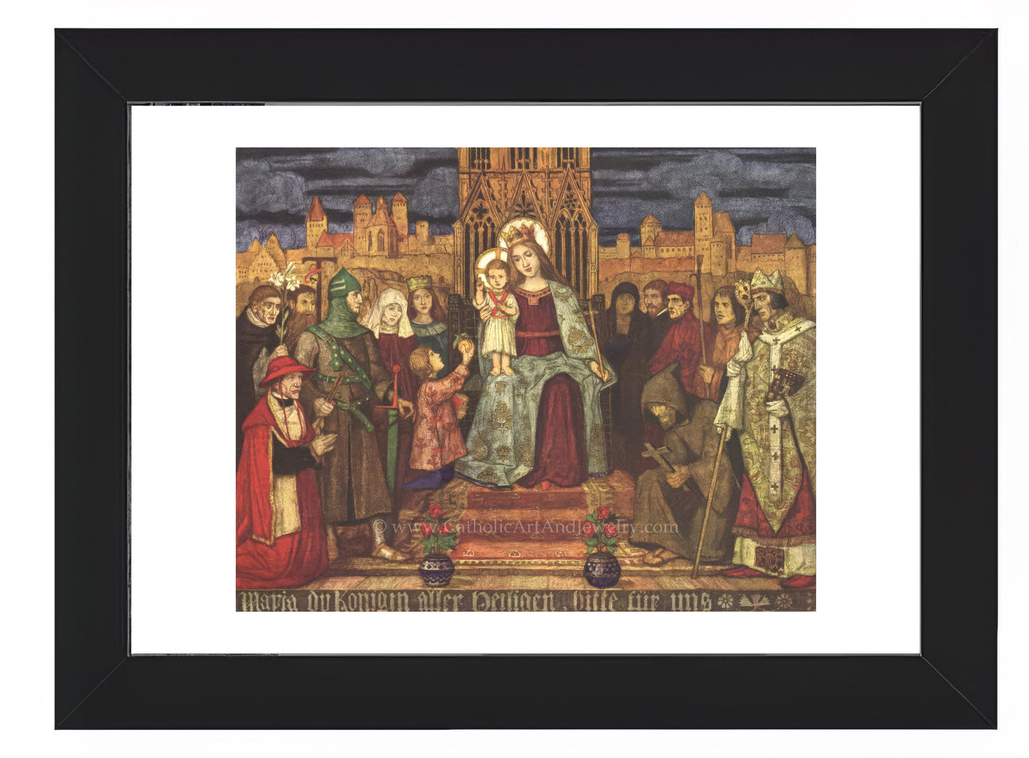 a painting of a group of people standing in front of a building