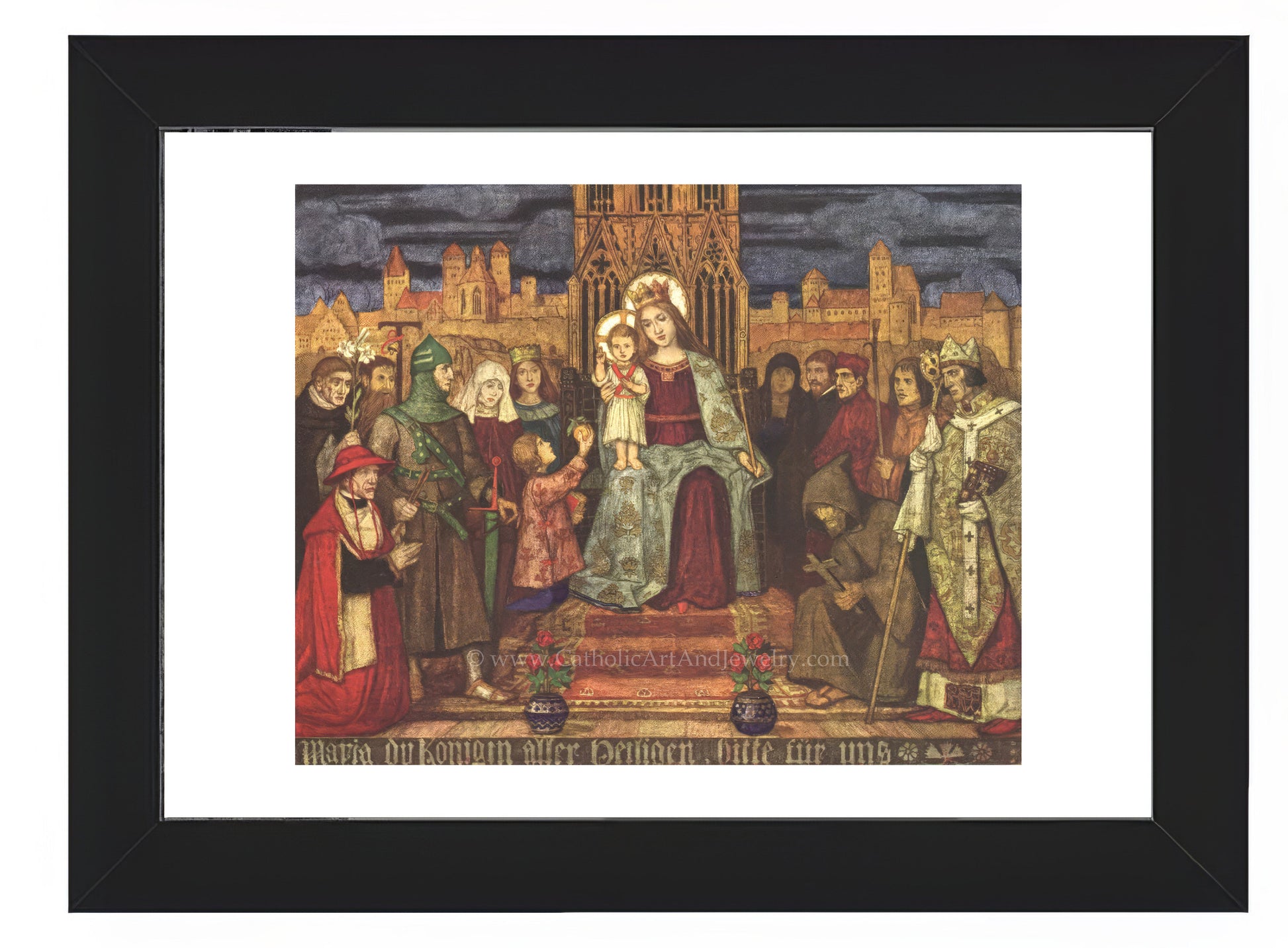 a painting of a group of people standing in front of a building