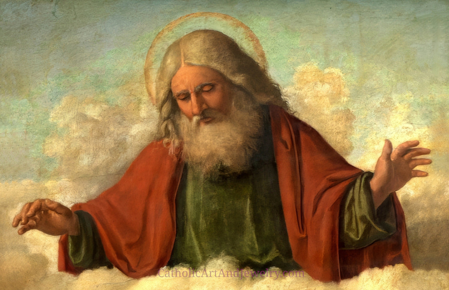 a bearded man wearing a red robe, with his hands outstretched, surrounded by clouds.