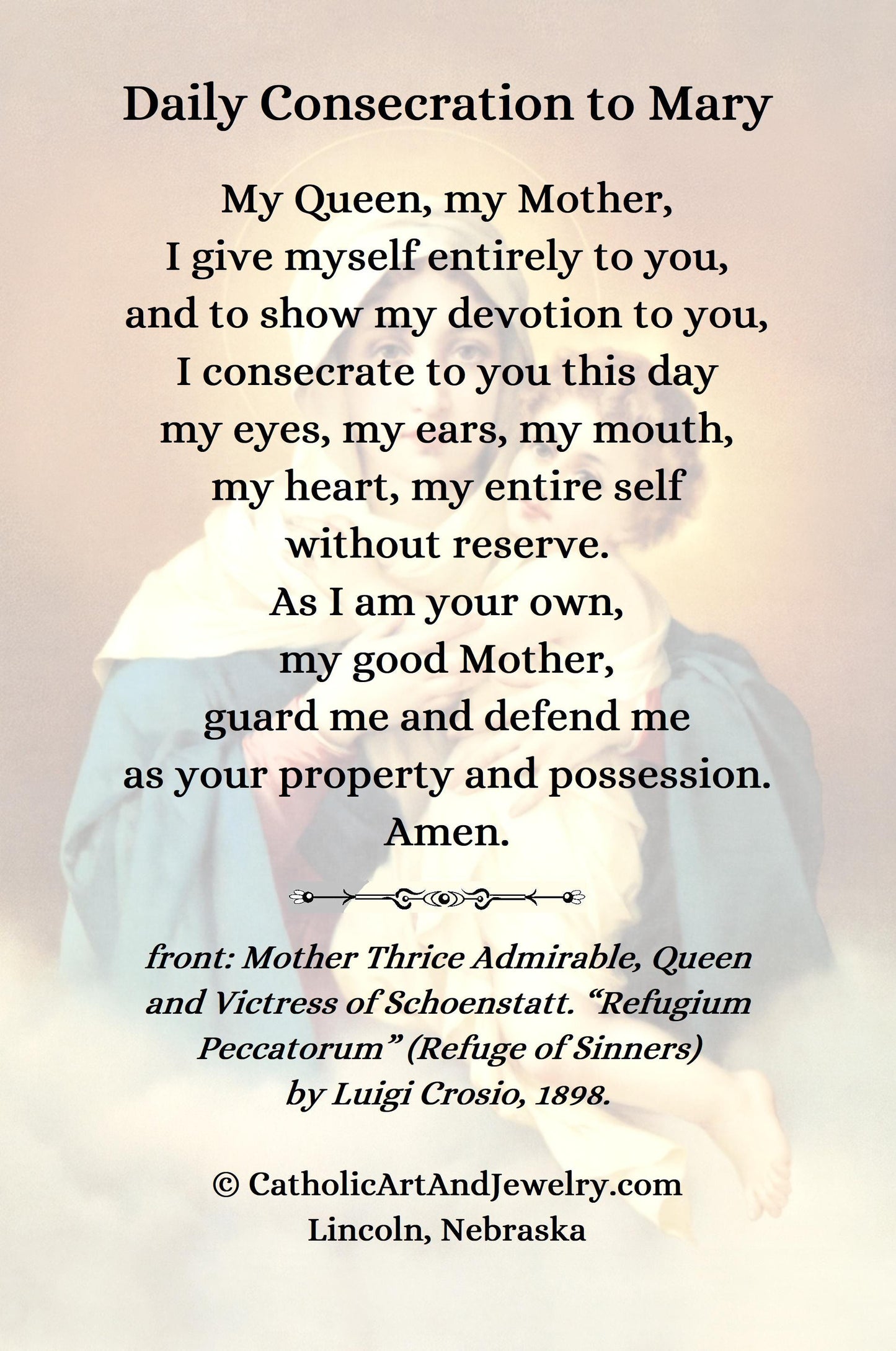 New! Mother Thrice Admirable – Consecration to Mary Prayer – Schoenstatt – Vintage Holy Card – pack of 10/100/1000