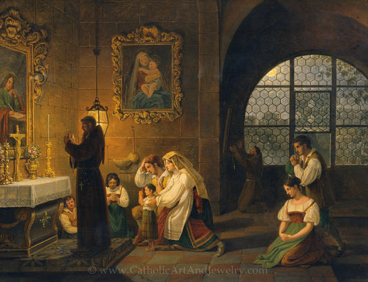 Praying in an Italian Church – "Das Innere einer italienische" – Johann Schödlberge – Beautiful Catholic Art – Catholic Gift –Archival