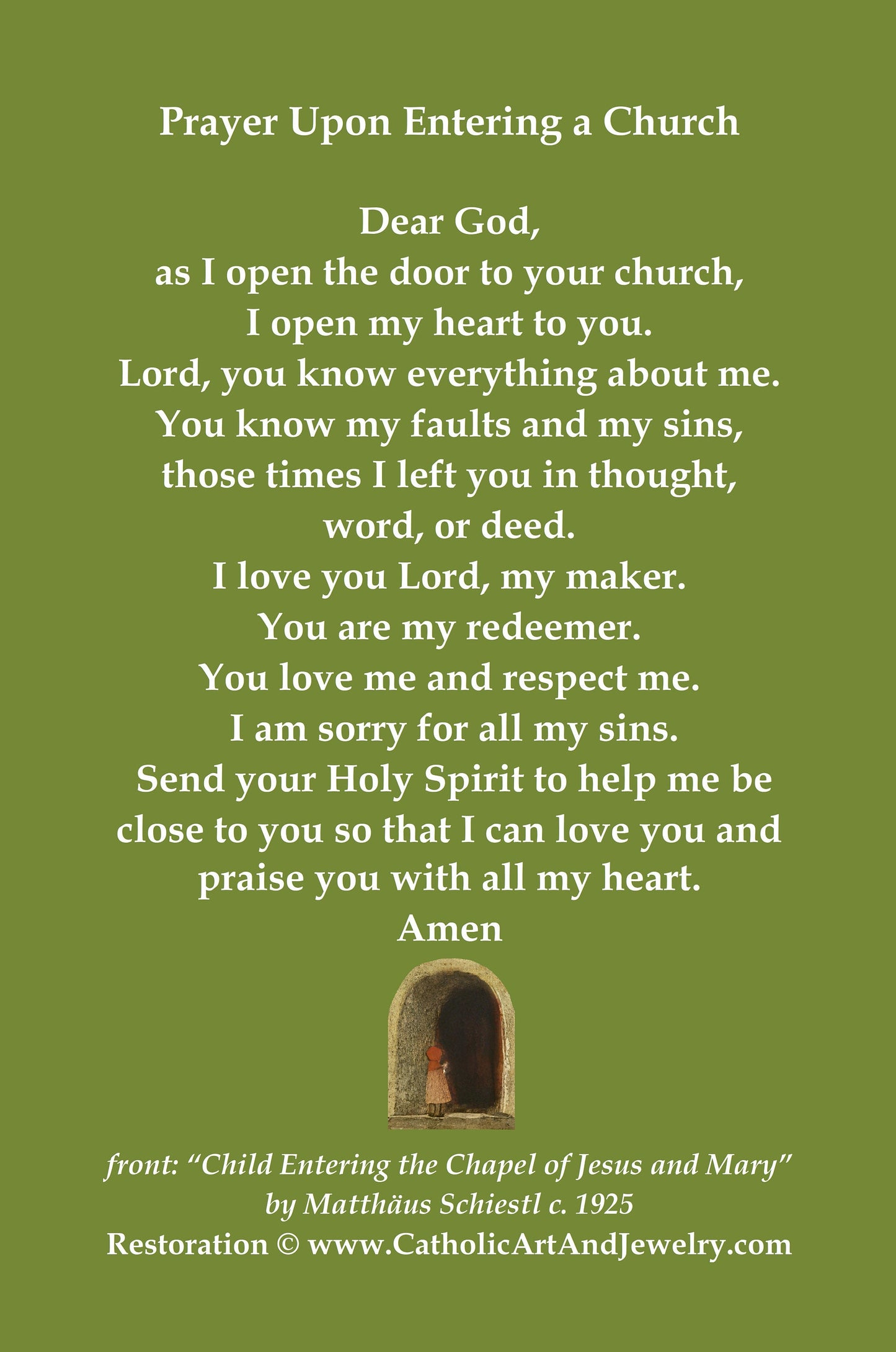 New! Prayer Before Mass – Prayer Entering Chruch – Child Entering the Chapel of Jesus and Mary – Vintage Holy Card – pack of 10/100/1000