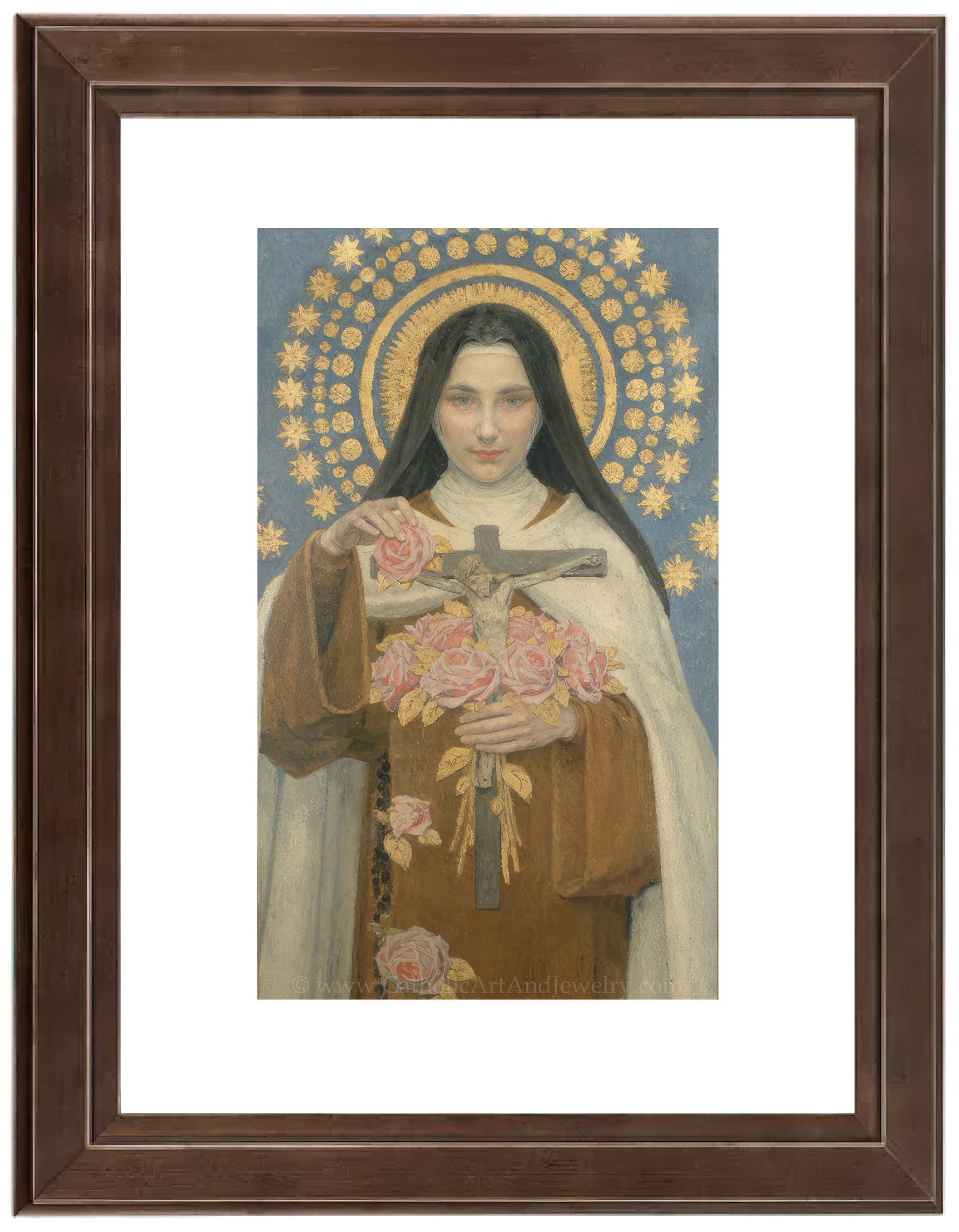 a painting of a woman holding a cross