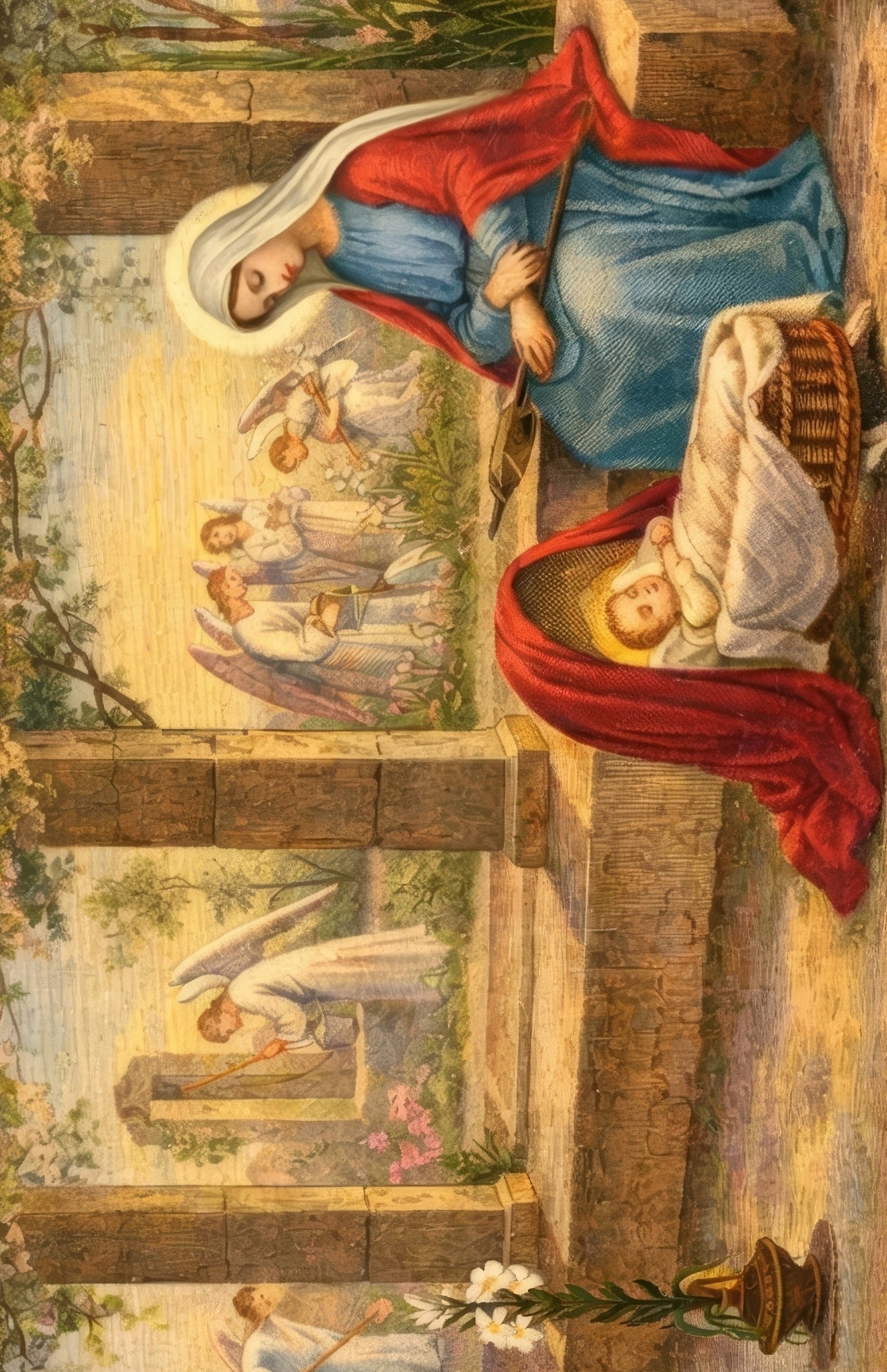 The image is a religious painting depicting the nativity scene, with a woman in a blue dress and a baby in a basket, surrounded by angels and flowers.