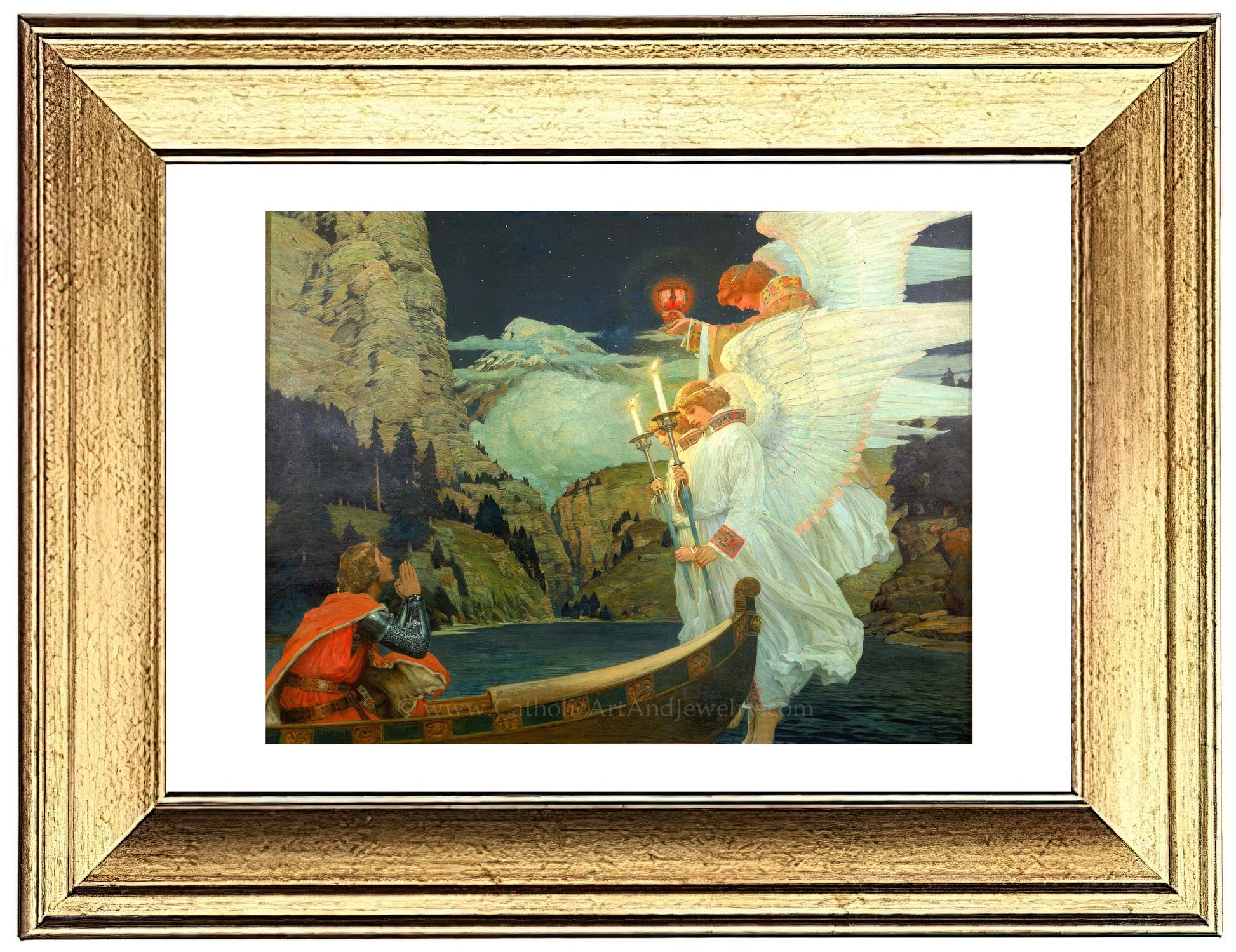 a painting of two angels on a boat