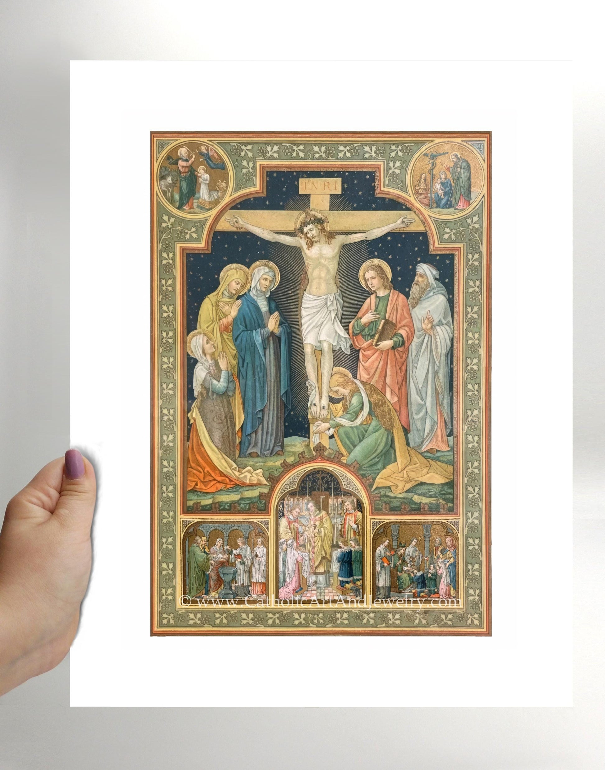 a painting of a crucifix with people around it