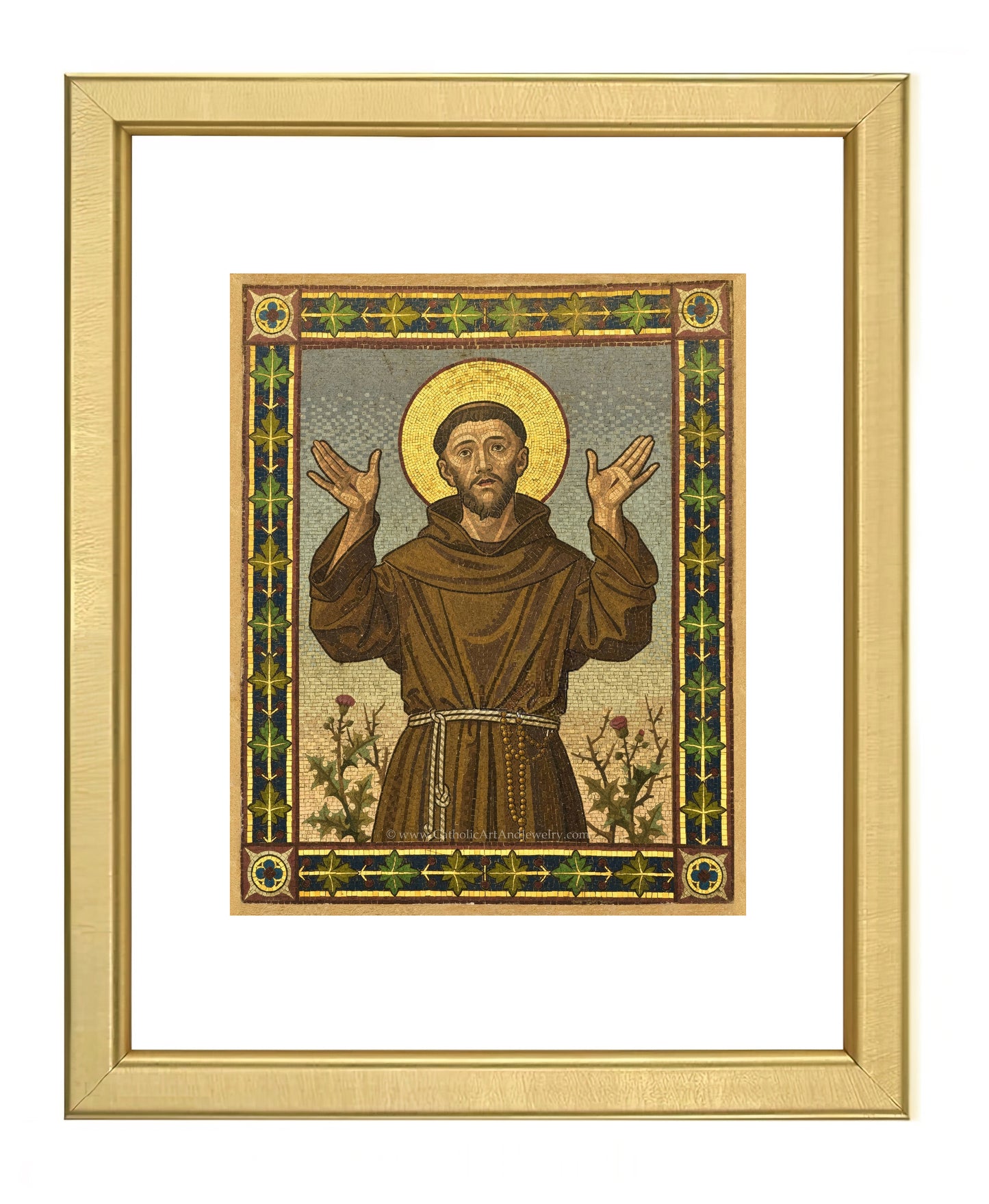 a painting of jesus holding his hands up
