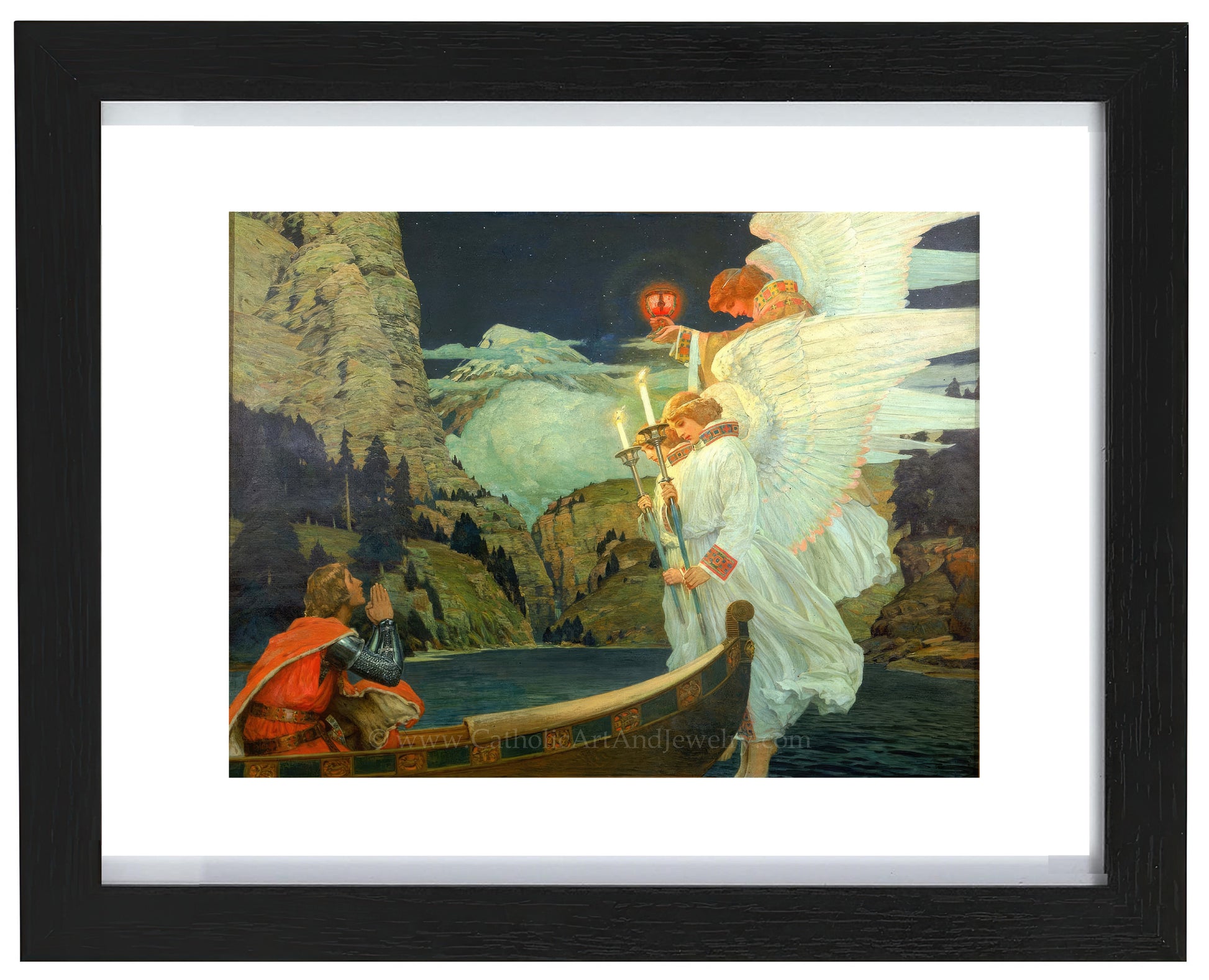 a painting of an angel standing next to a man on a boat