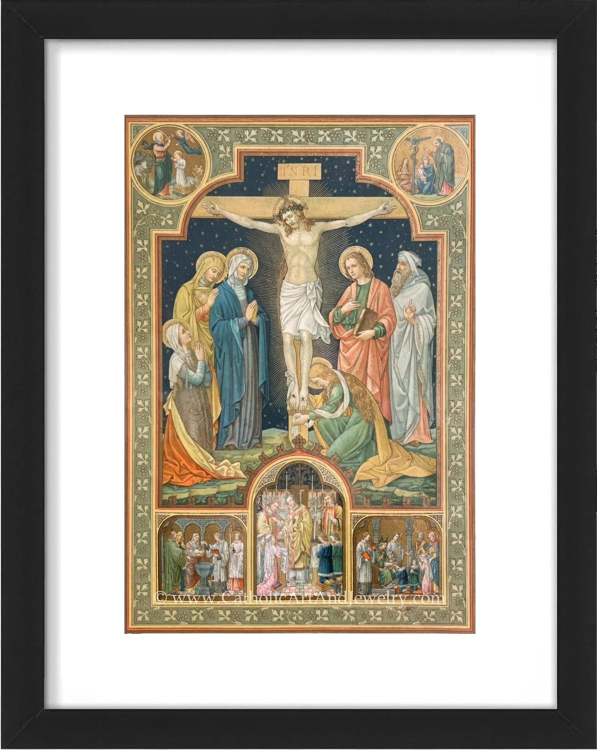 a painting of jesus on the cross with other people