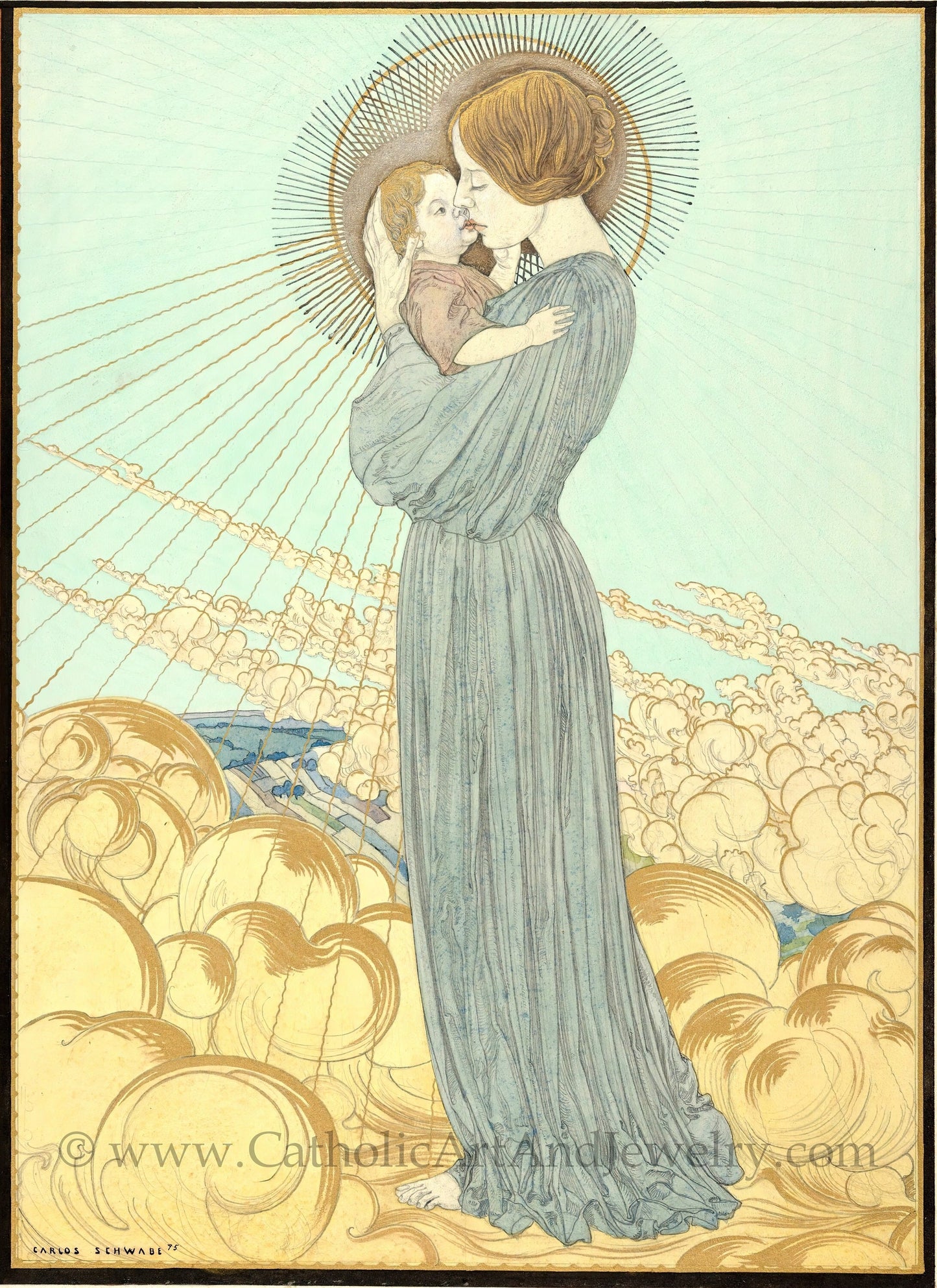 New! Mary and Jesus on the Clouds – Catholic Art Print – Archival Quality