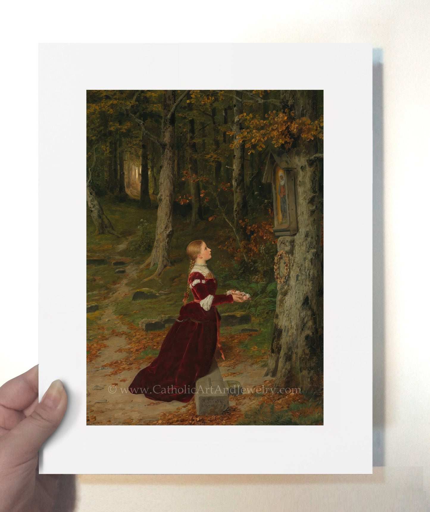a painting of a woman in a red dress in a forest